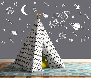 Space Wall Decal - Planet, Rocket, Space Ship, Outer Space Wall Decals - Themed Room Vinyl Wall Decal for Kids, Boys Room, Nursery Decor Y96 White