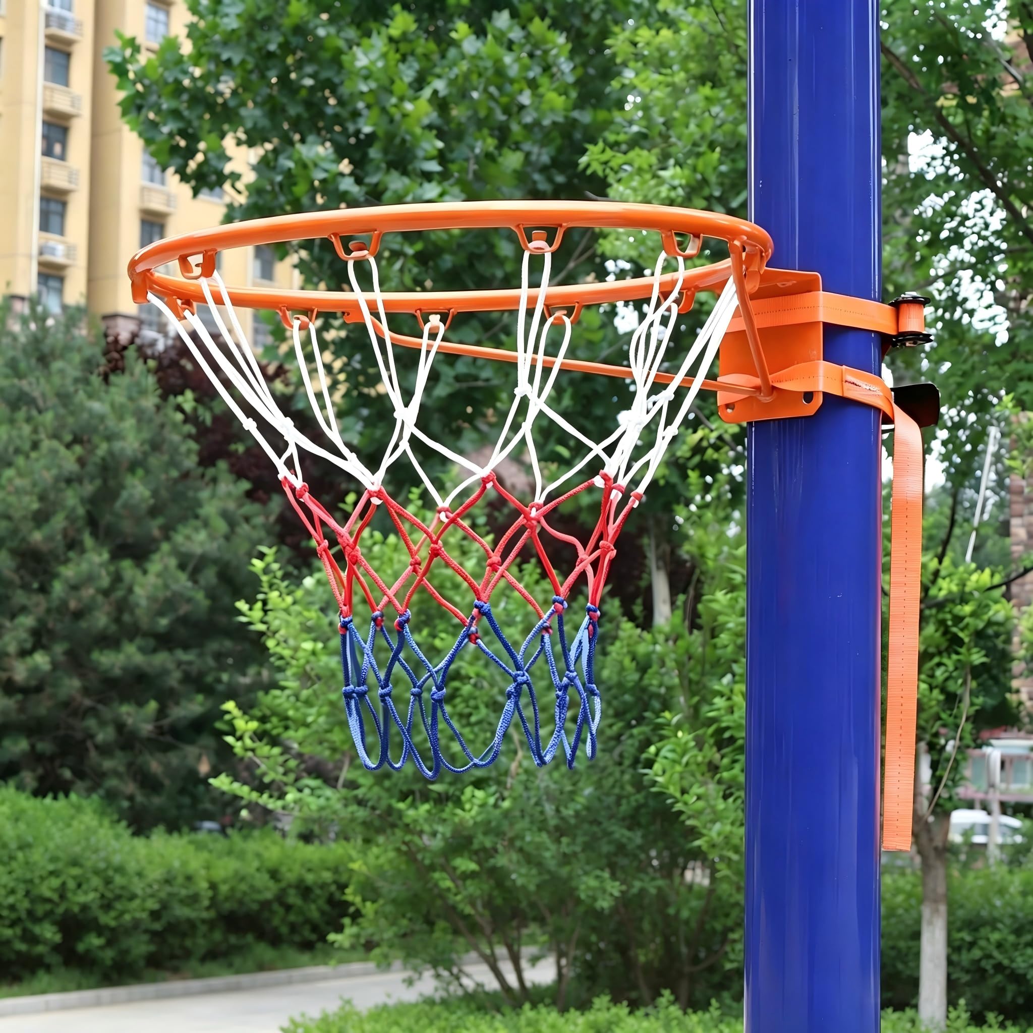Panier de basket pour extérieur, clôture, arbre et poteau, anneau de basket réglable avec 2 sangles et filet en nylon, montage mural sans perçage, kit de sport pour jardin et camping