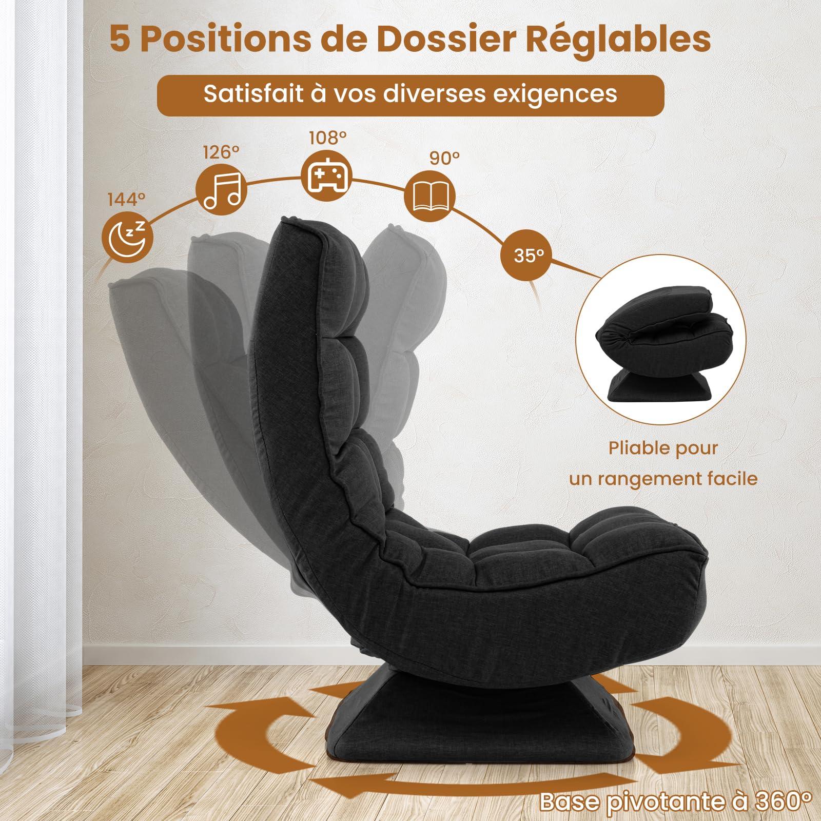 GOPLUS Silla de Suelo giratoria Plegable con Respaldo Ajustable de 5 Posiciones y cojín, sofá reclinable meditación Carga 110 kg, salón y Dormitorio， 63 x 71 x 92,5 cm (Negro)