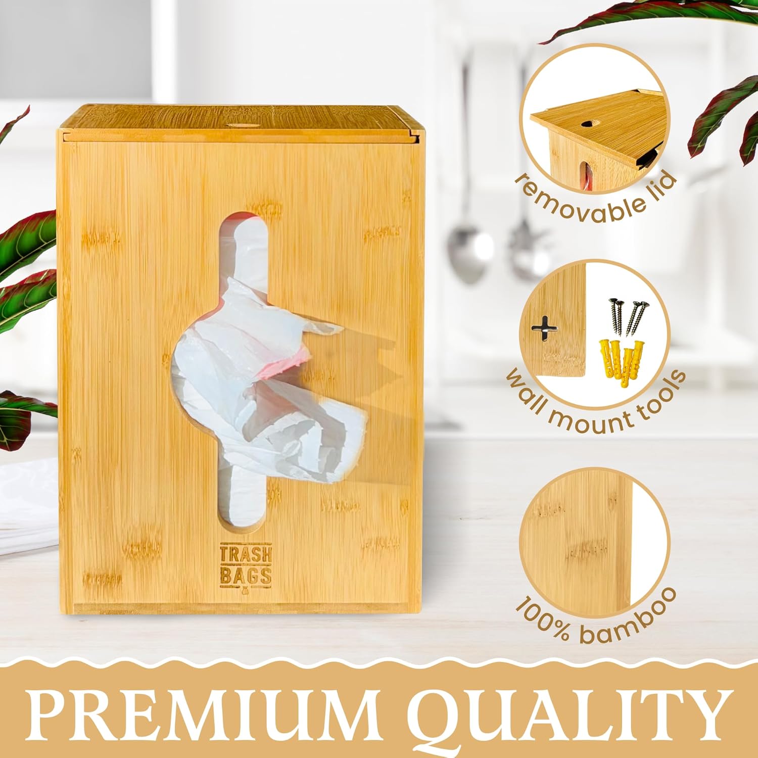 Extra Large Trash Bag Dispenser Holder, Fits 13,30,33 Gallon & Large Rolls, Wall Mount or Under Sink Organizer with 3 Rubber Bands, Kitchen & Pantry Garbage Bag Storage.