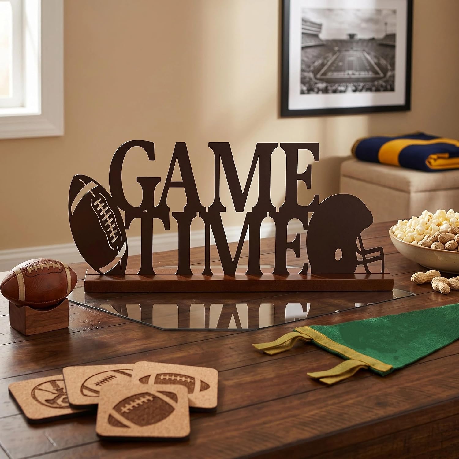 SiliFine Football Centerpiece Metal Sign Wood Base Game Day,Game Time