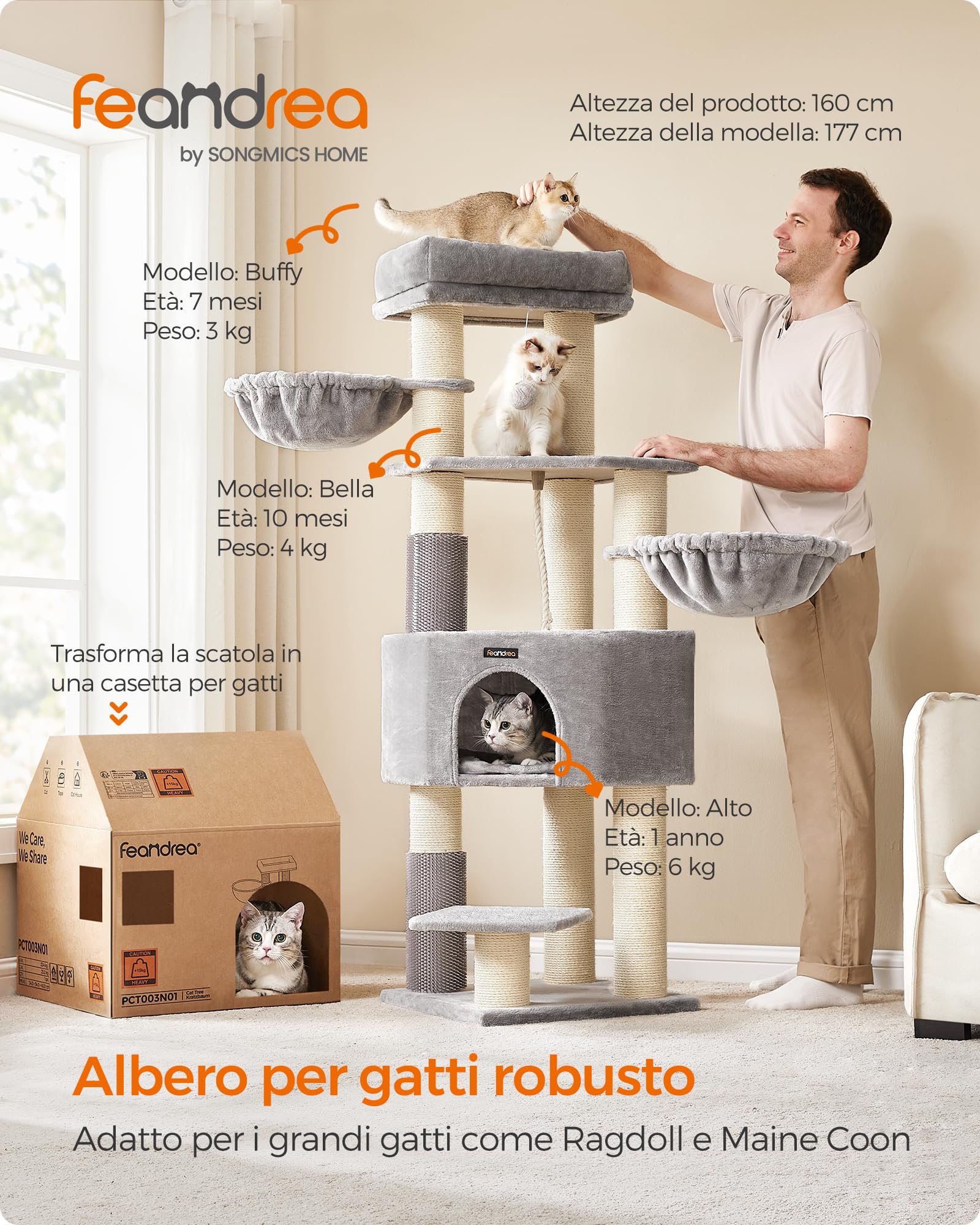 Feandrea Albero per Gatti Grandi, Tiragraffi con Tappeti Autoriscaldanti, Pattine, Graffiatoi, Grotta, Corda Sisal, per Grandi Gatti, 50 x 50 x 160 cm, Grigio Tortora e Bianco Crema PCT003N01