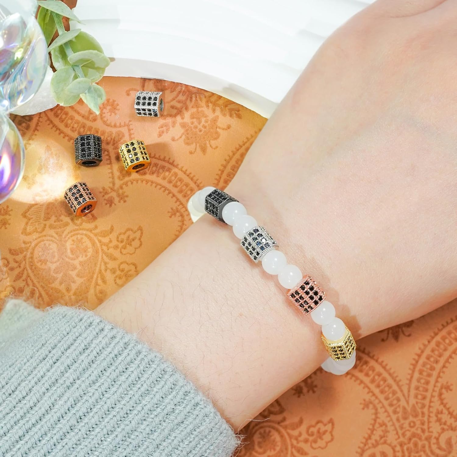 8 PCS Hexagon Charm Spacer Beads, Mixed Color Brass Pave Black Zircon Connector Charm Beads for Bracelet Necklace DIY Jewelry Making Crafts - Image 9