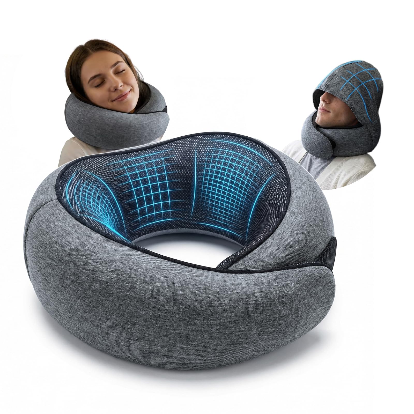 Almohada de Viaje Avión con Capucha Antiluz, Almohada Viaje de Memory Foam con Soporte Ergonómico 360°, Cojín Cuello Viaje Compacto para Avión, Coche y Casa, Adultos y Niños (Gris Oscuro)