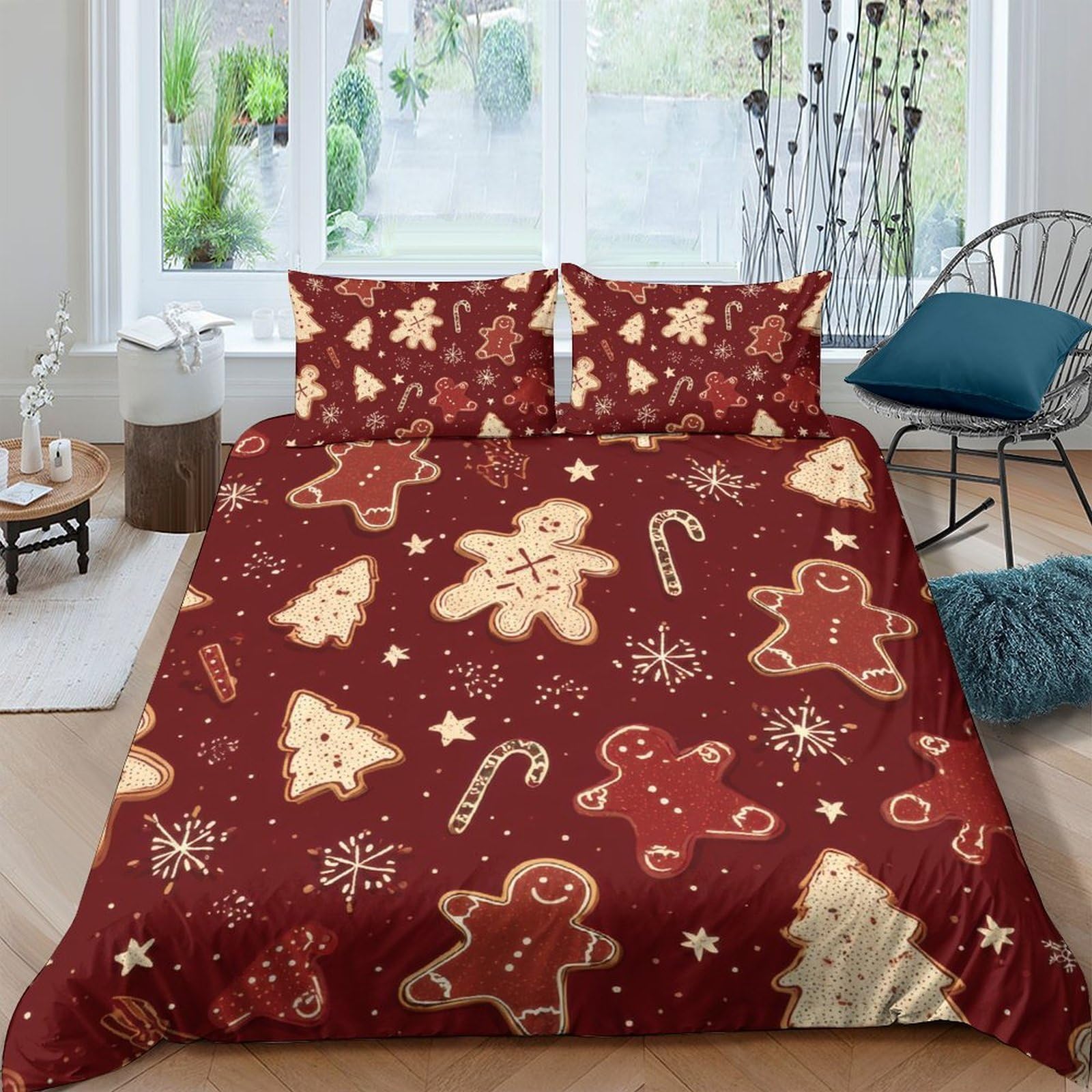 Ctjqhvkz Style-2 3D Printed Gingerbread Cookies Fitted Sheet Microfiber Soft Red Christmas Tree Bed Cover For Bedroom Guest Room Mattress Protection Single（135X200cm）