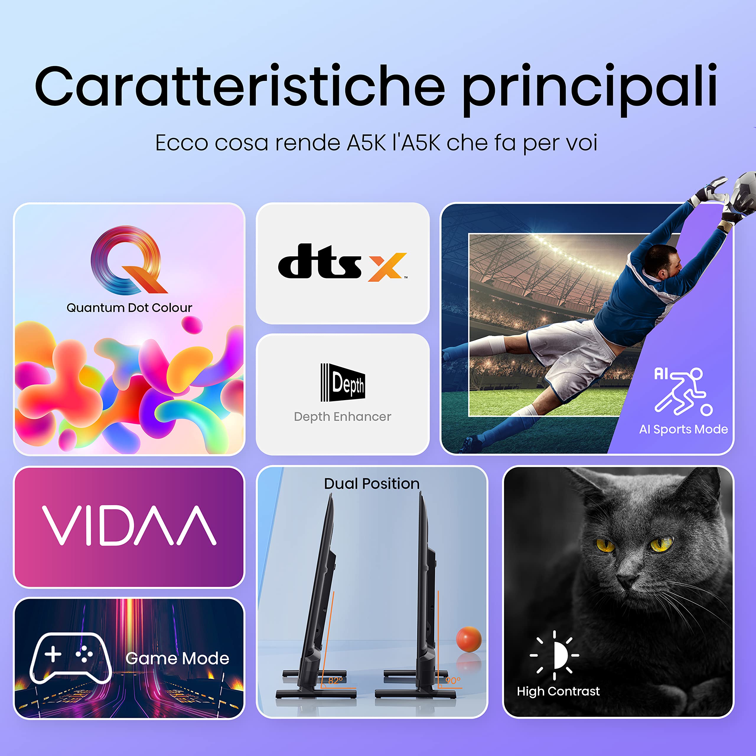 Hisense 32" QLED FULL HD 32E53KQT, Smart TV VIDAA U6 FHD, Game Mode, USB Type-C, Controlli vocali Alexa, Tuner DVB-T2/S2 HEVC 10, Double Position Stand