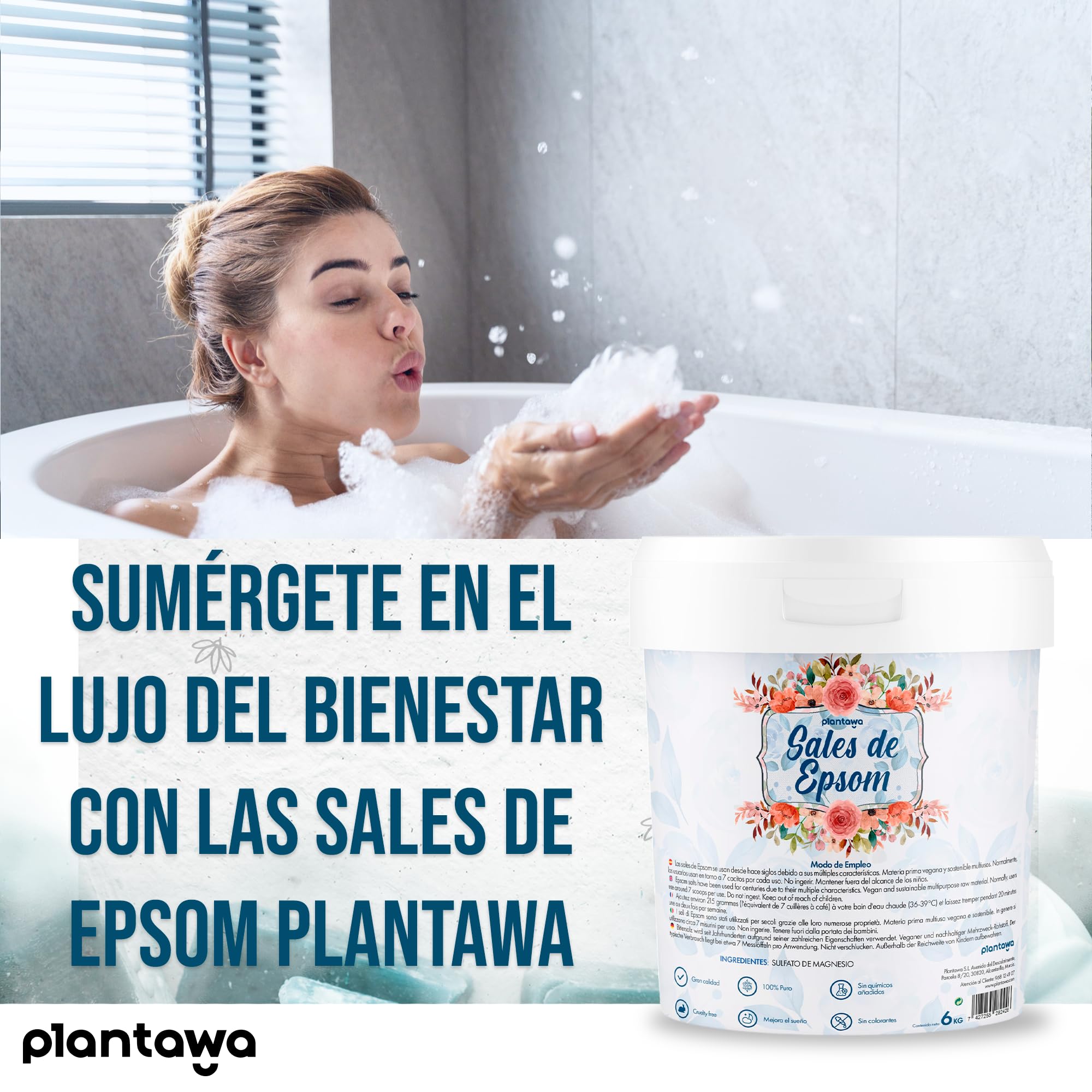 Plantawa Epsom sól 6 kg, koncentrat soli do kąpieli z czystego magnezu, naprawa i pieniąca kąpiel, bez toksyn i dodatków, regenerujący sen | 100% naturalna, skuteczna pielęgnacja ciała.