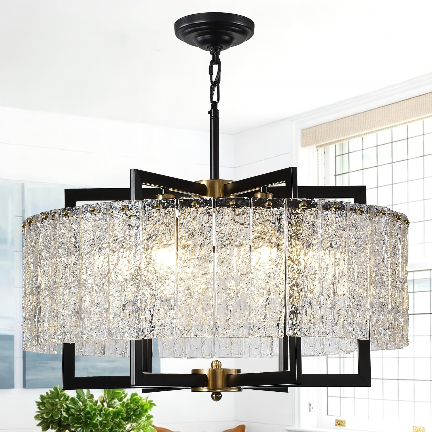 6-Light Black Crystal Chandeliers 24 inch Drum Modern Farmhouse Chandelier Light Fixture Water Ripple Glass Chandeliers for Living Room, Dining Room, Bedroom, Kitchen