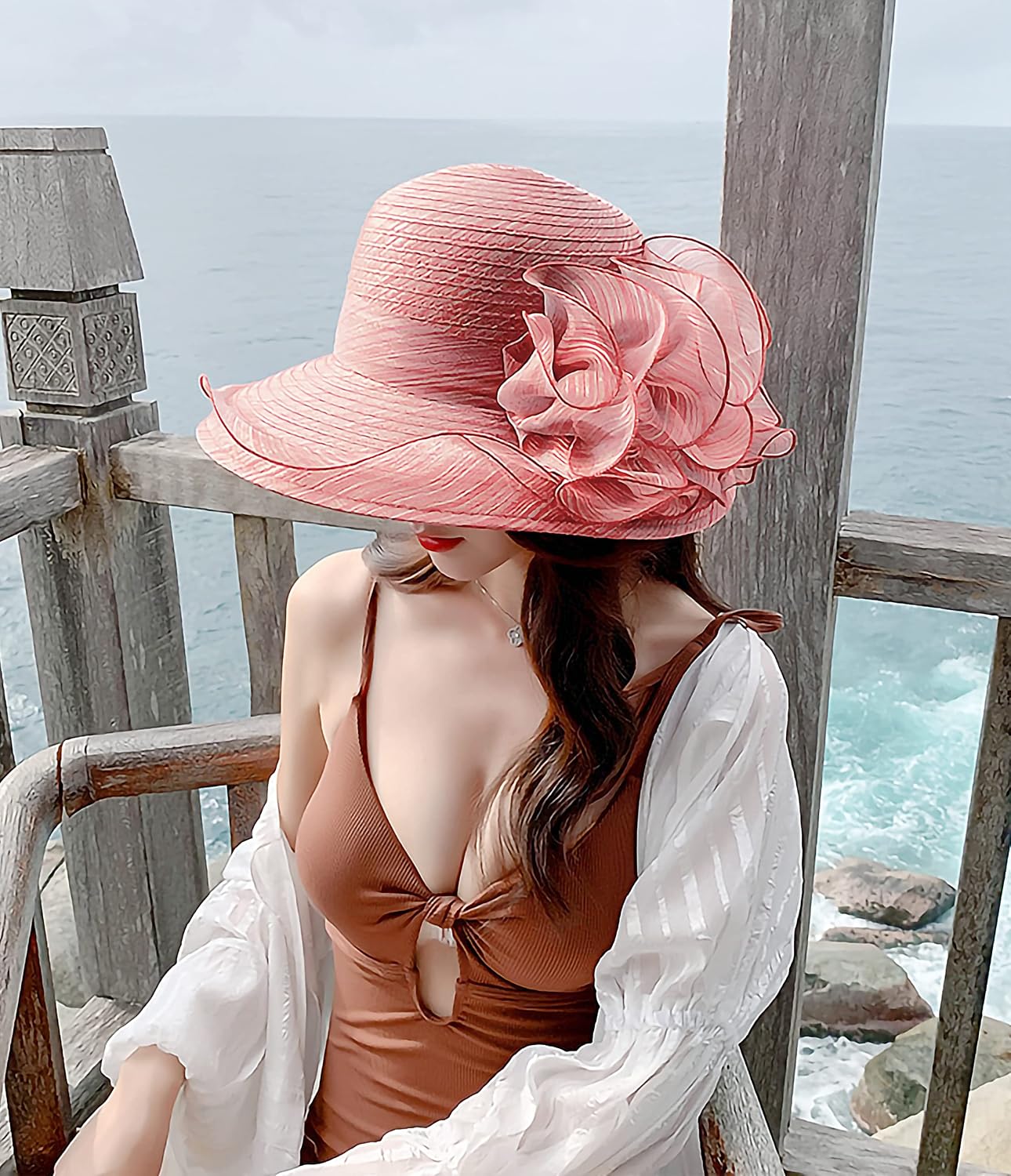 Bellady Big Brim Hat Organza Hats Summer Beach Cap Tea Party Wedding Fascinator Church Hats
