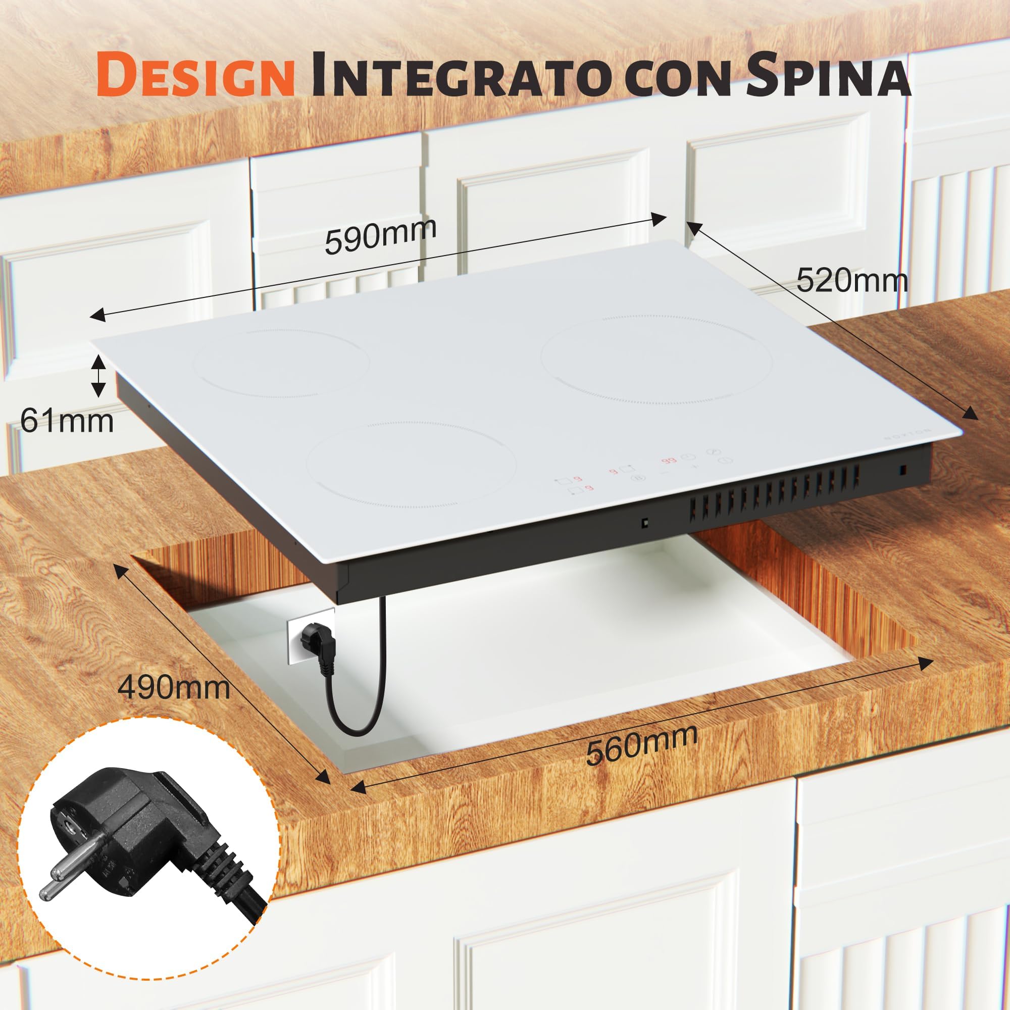 NOXTON Placa de inducción 3 fuegos, blanca, empotrado de 60 cm, función de boost, cocontrol táctil, temporizador, bloqueo de seguridad, apagado automáti, 220 V ~ 240 V, 3500 W, con enchufe