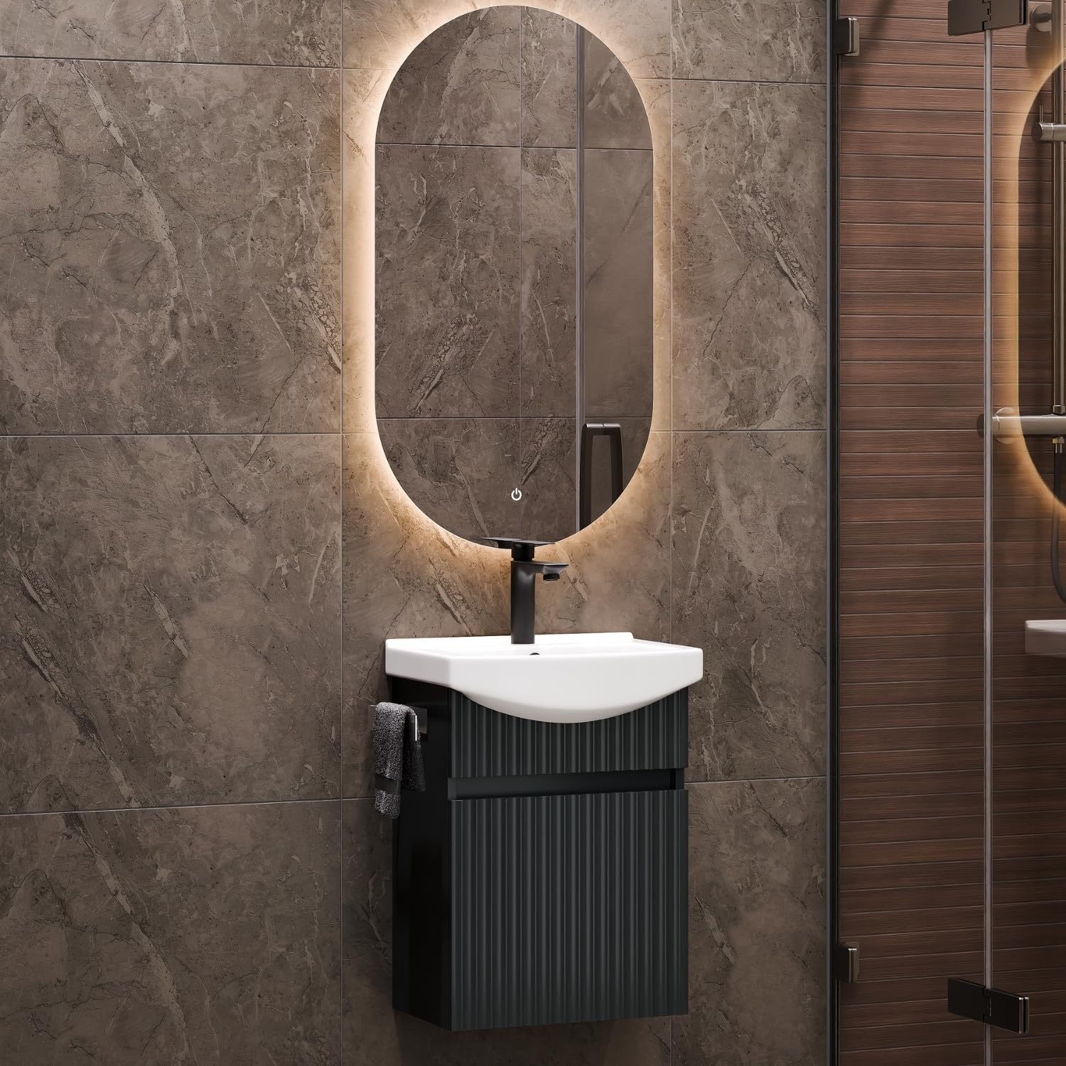 Planetmöbel Umywalka z szafką 45 cm wraz z ceramiczną umywalką i owalnym lustrem łazienkowym z oświetleniem, zestaw mebli łazienkowych do toalety dla gości, antracyt matowy