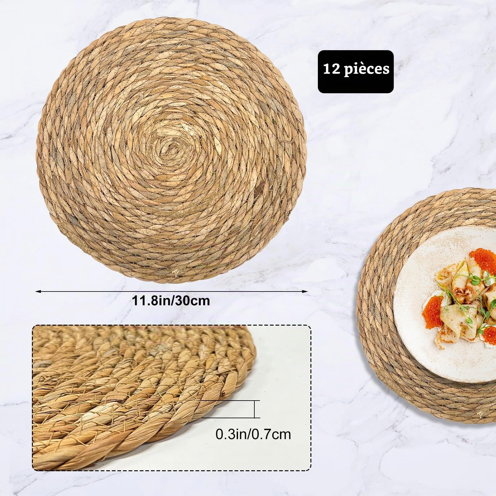 Lot de 12 sets de table ronds tissés, style Boho naturel, 30 cm, résistants à la chaleur, antidérapants, style ferme rustique, tressés tissés à la main – Pour table à manger, fête, mariage – Bulrush