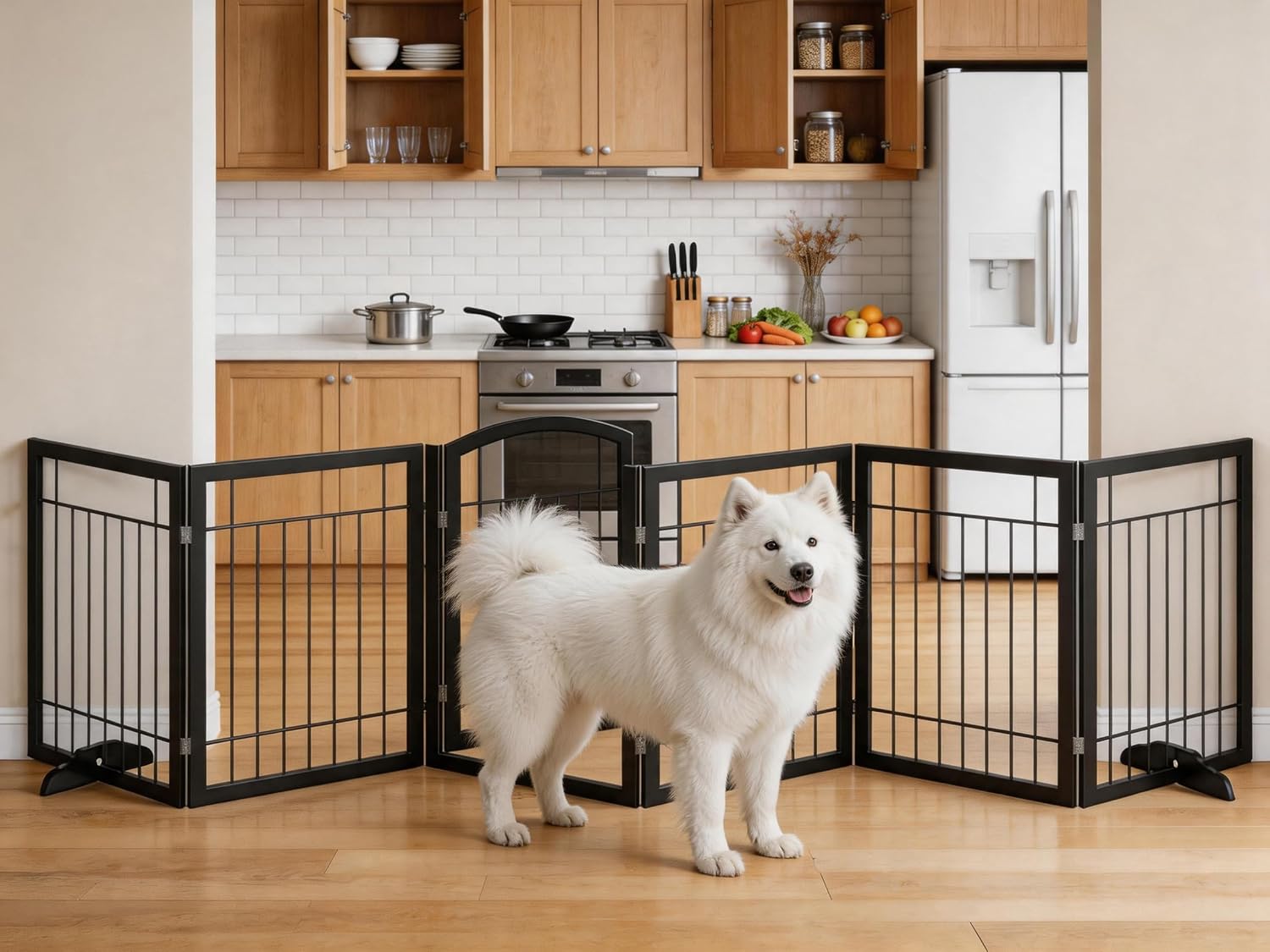 Vantas Folding Pet Gate 96" Wide, 30" Tall No-Assembly Wooden Dog Gate with Door Walk Through, Freestanding Wire Pet Puppy Safety Fence, with 2PCS Support - White