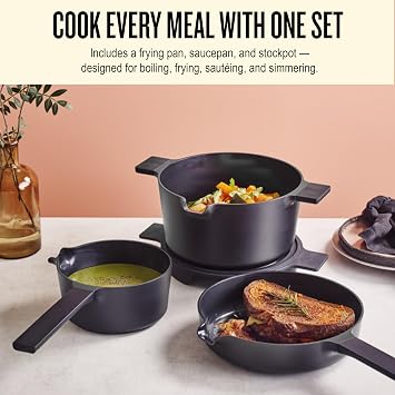 Alva Neat 5-Pc Aluminum Pot & Pan Set in Peach Clr, Ceramic Coated Nonstick | 5-Pc set: 8.5 pot & pan set, 2-qt saucepan, 5-qt stockpot & glass lids. Recycled aluminum, oven safe 400F