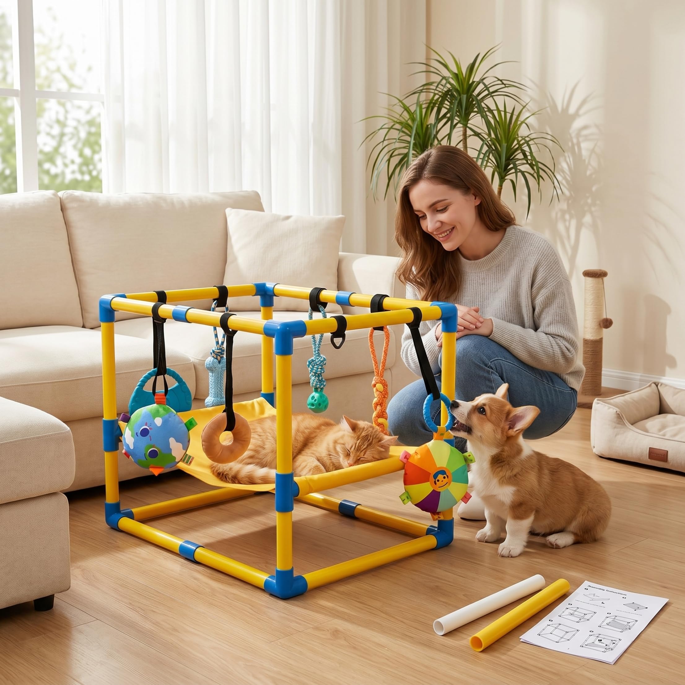 Salle de Jeu pour Chiots, Salle de Jeux pour Chiens avec Jouets Suspendus et hamac, Aire Jeux Robuste pour Chiots en PVC, Jouets interactifs pour activités pour Chiens, 23, 62 × 15, 75 × 16, 93 Pouce