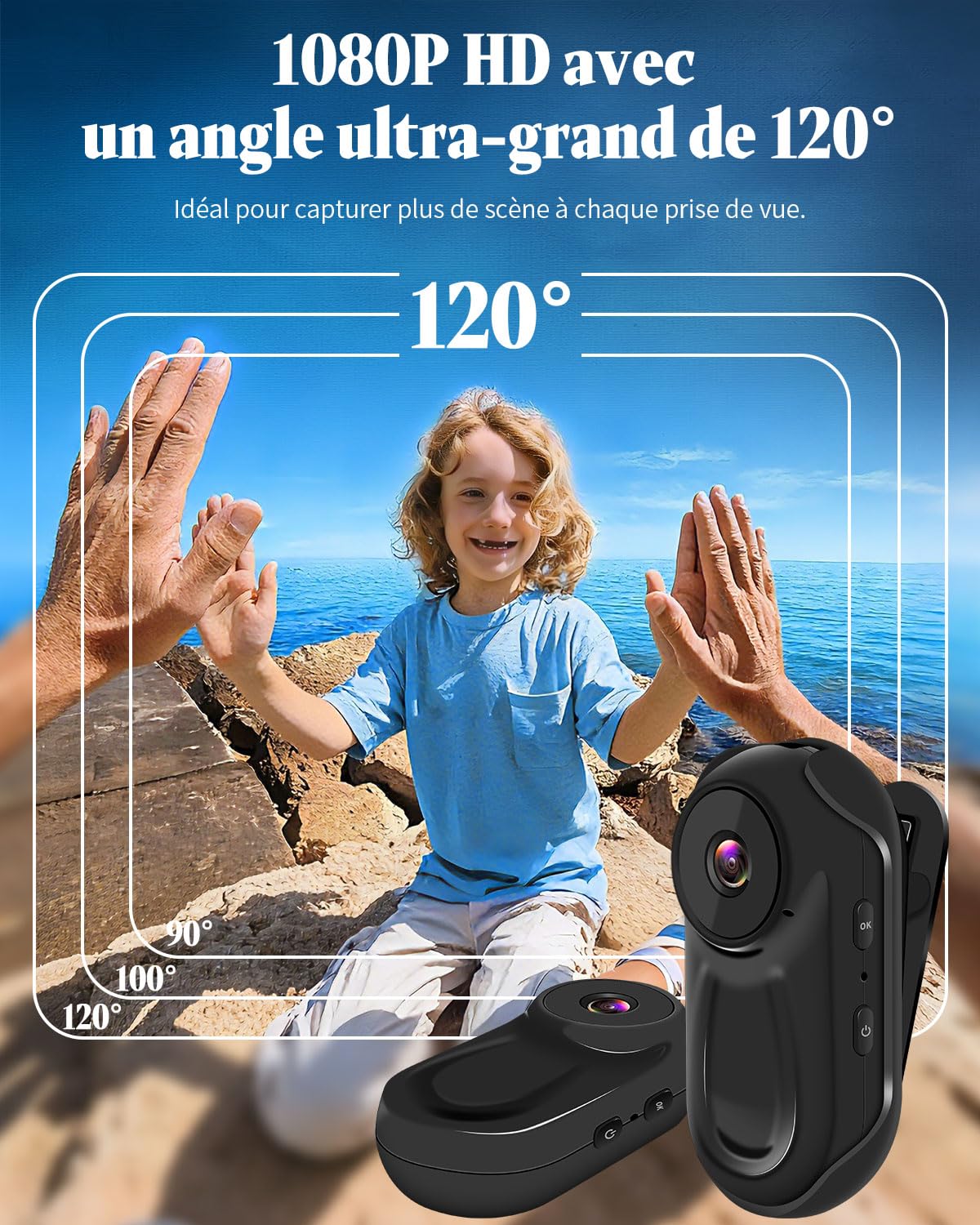 Mini Caméra Sport avec Carte SD 64GB, Camera Vlog 1080P à Écran Tactile HD, 120 Min d'Autonomie, Grand Angle 120°, Clip Arrière 360°, Vision Nocturne Infrarouge, Caméra pour Casque et Moto
