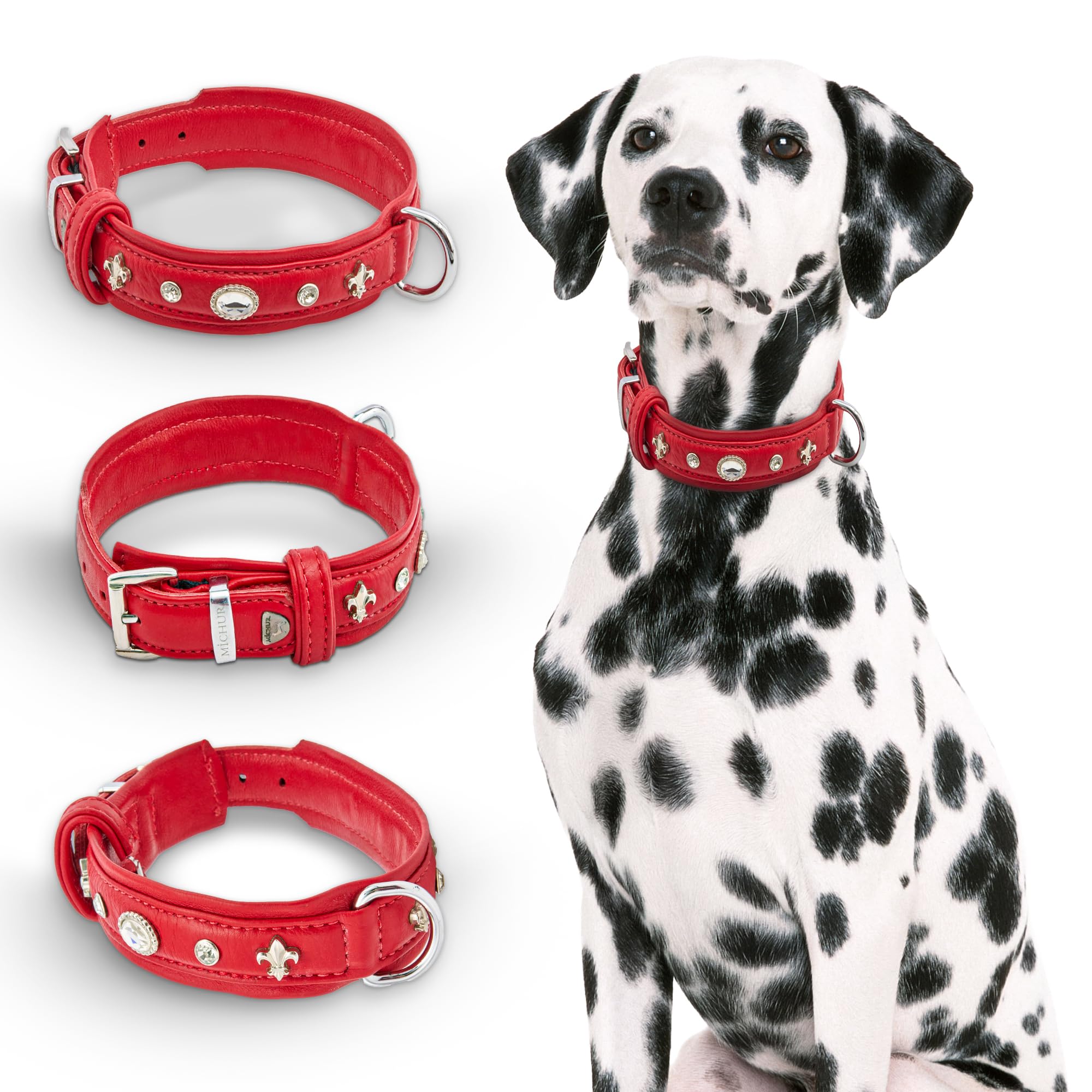 MICHUR Julieta Hundehalsband Leder, Lederhalsband Hund, Halsband, Rot, Leder, mit Lilien, Strasssteinen und großem Kristall