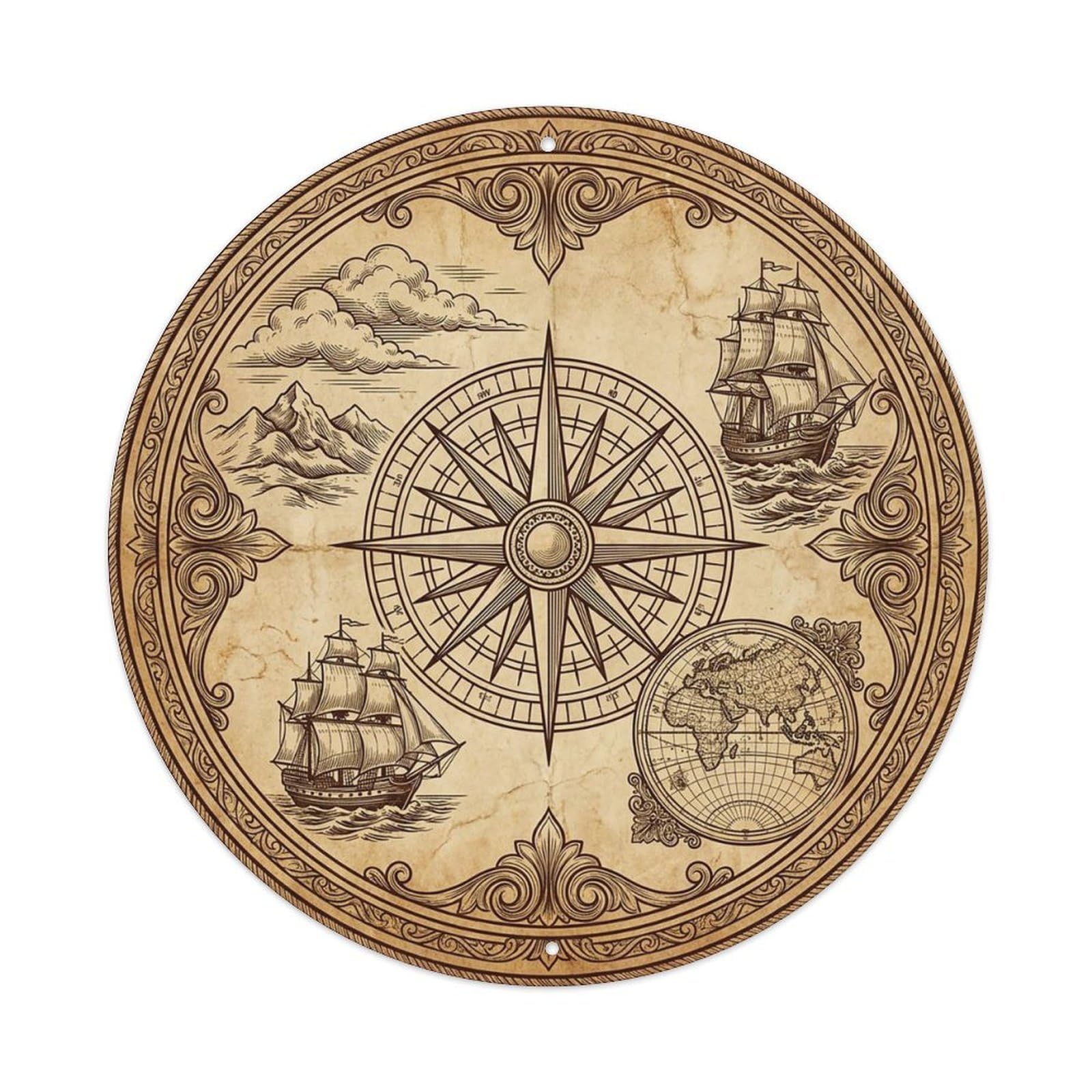 Vintage Nautical Compass World Map Seaway Path Metal Tin Sign