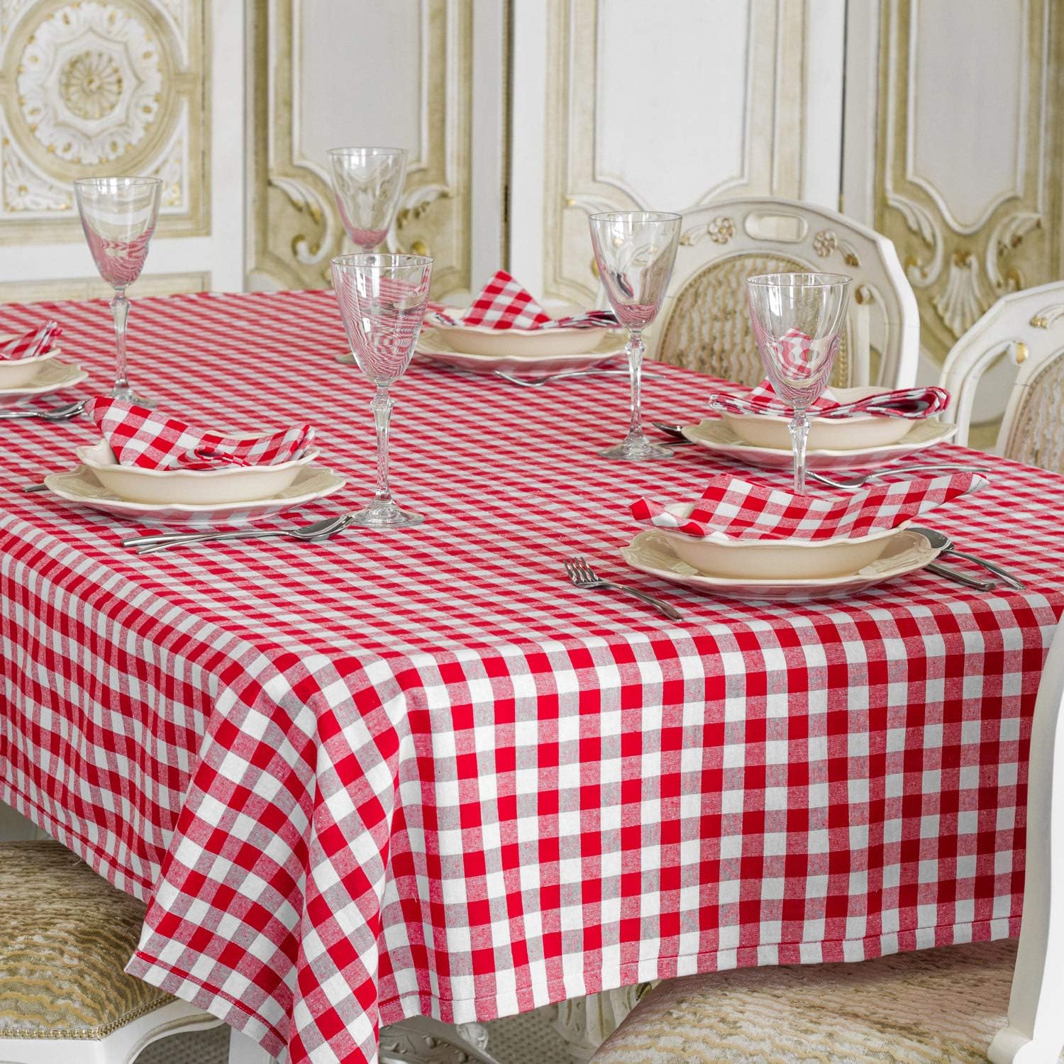 PIZZERIA CHESS TABLECLOTH - RECTANGLE - 100% COTTON - RED AND WHITE SQUARES (59 x 98" (150 x 250cm))