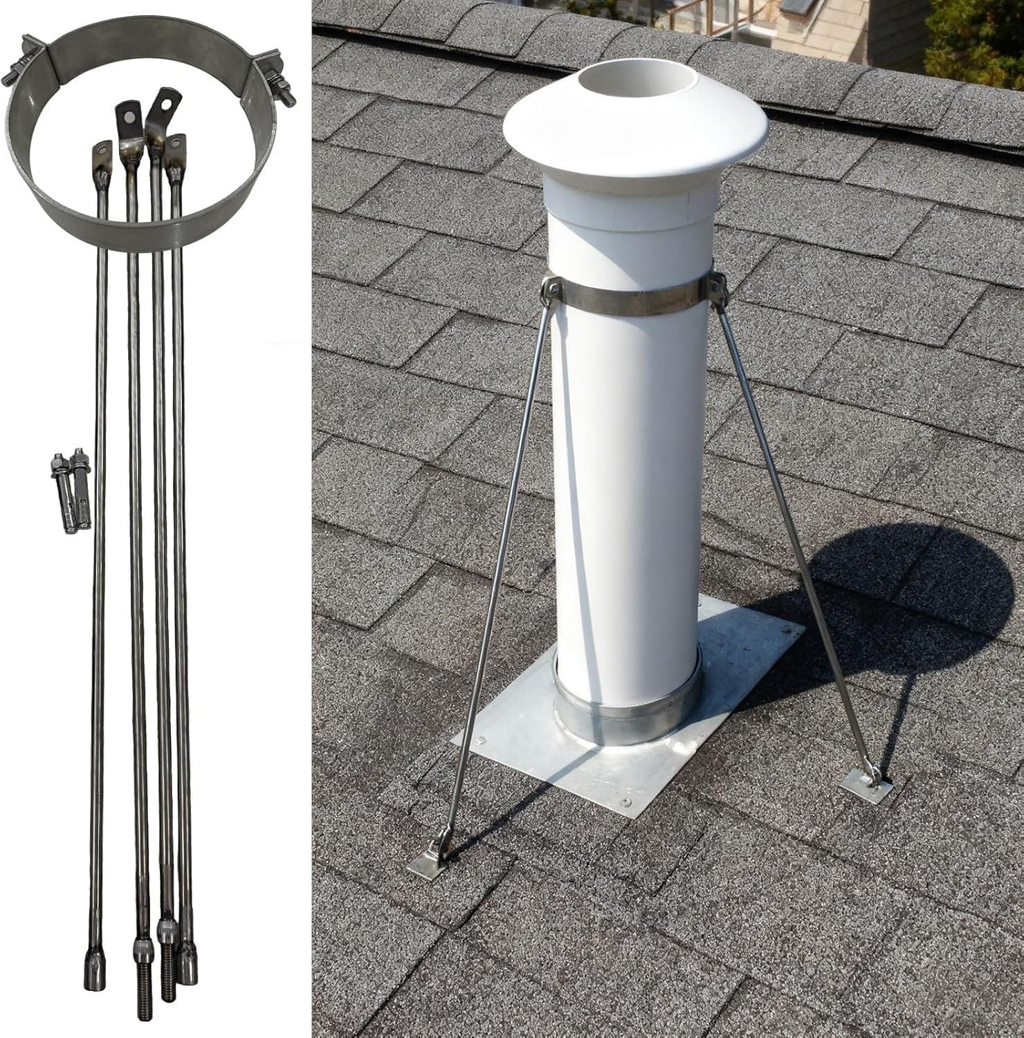 Supporto per Tubo Camino Supporto per Caminetto da Tetto Esterno, Kit Universale in Acciaio per Tubo Stufa - Fascia Rotonda, Gamba in e 2 Viti(Hoop Dia 12.5cm (4 15/16"))