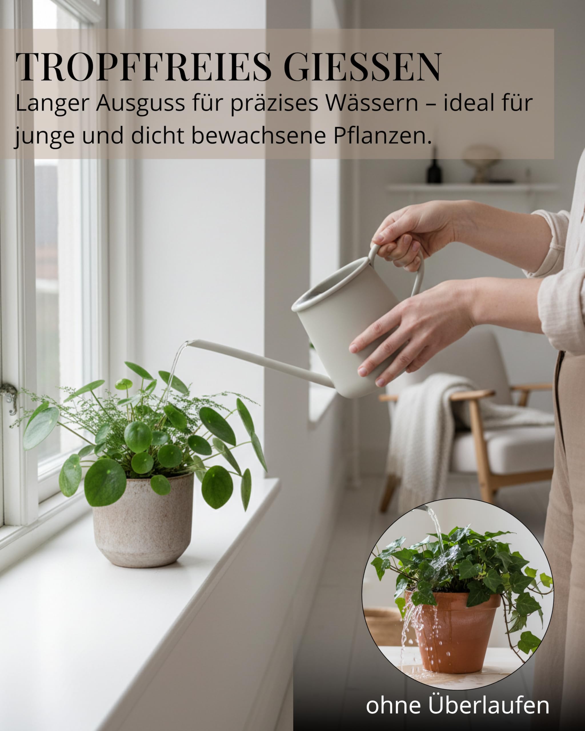 Livlig53 Gießkanne 1L, Gießkanne Zimmerpflanzen, Blumengießkanne mit extra langem Ausguss, Giesskanne klein für Topfpflanzen, Metallgießkanne in Greige