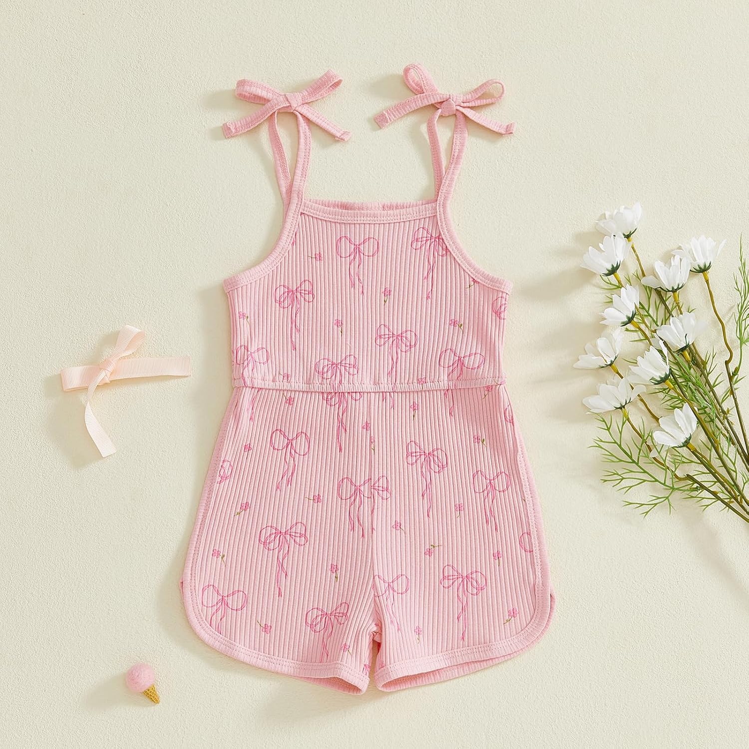 Toddler Girl Clothes Baby Spaghetti Strap Bow Shorts Jumpsuit Ribbed Halter Romper Cute Little Girls Summer Outfits - Image 6