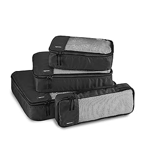 Amazon Basics Organizer da Viaggio Salvaspazio per Valigie, con Cerniera, Set da 4 Pezzi, Grande / Medio / Piccolo / Sottile, Nero