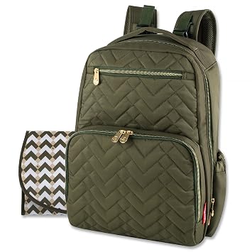 Baby Essentials Fisher-Price Signature Morgan Quilted Backpack Diaper Bag with Changing Pad, Stroller Clips, Laptop Compartment Olive