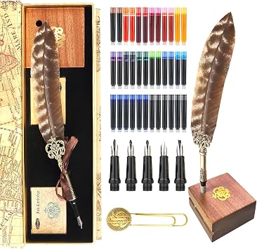 Calligraphy Feather Fountain Pen and Ink Set, Quill Pen with 5 Varied Nibs and Ink Cartridges, Calligraphy Set for Beginners MU-15