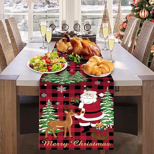 Miniatura 2 de Camino de mesa de reno de Papá Noel, búfalo a cuadros, árbol de Navidad, copo de nieve, decoración de mesa de comedor para interiores y exteriores,