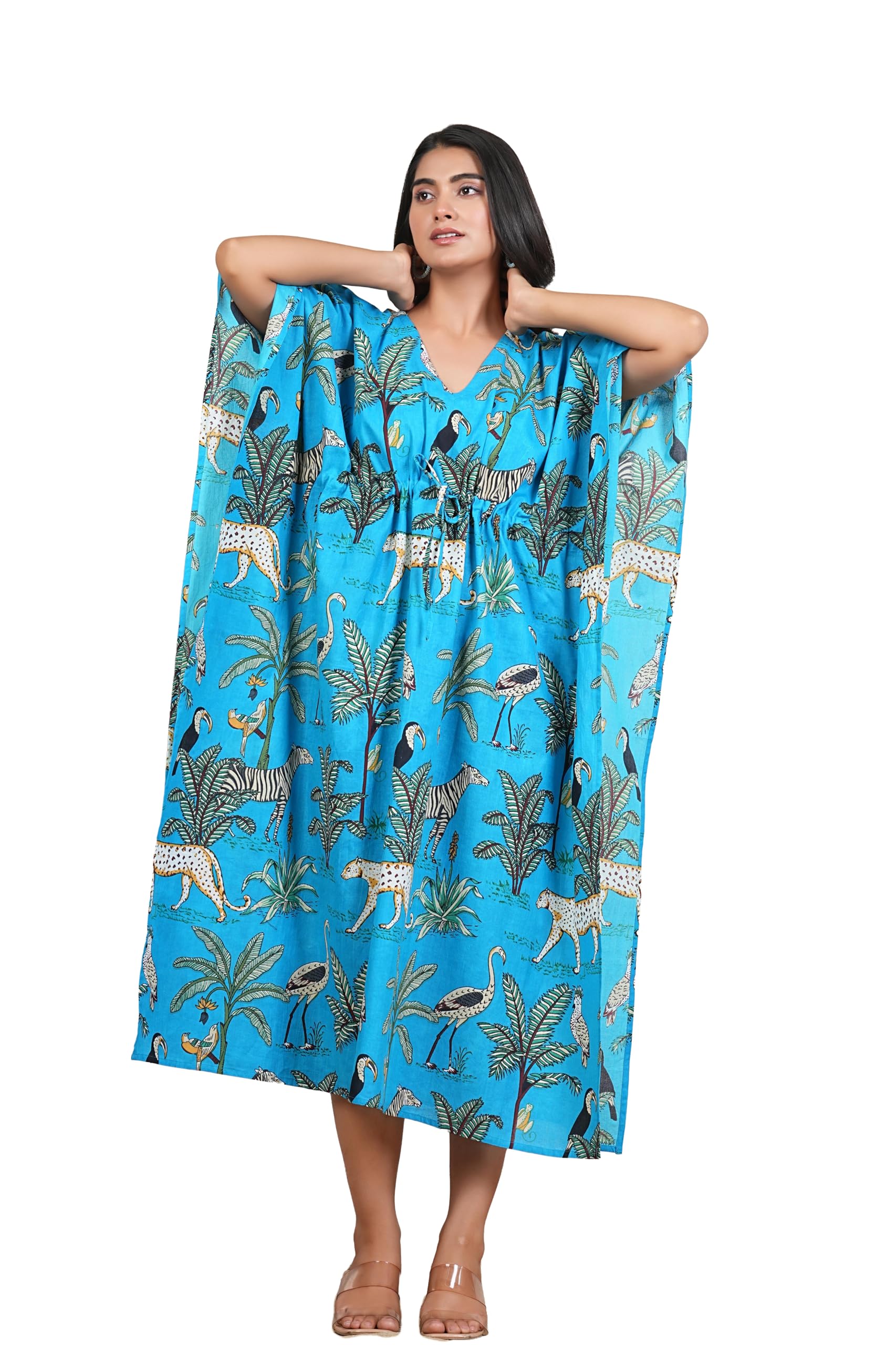 the bhagwati fab Women's Tropical Safari Printed Kaftan Dress | Lightweight Cotton Loungewear | Free Size Nightwear for Daily Use | Soft & Comfortable Sleepwear with Waist Tie-picture-35