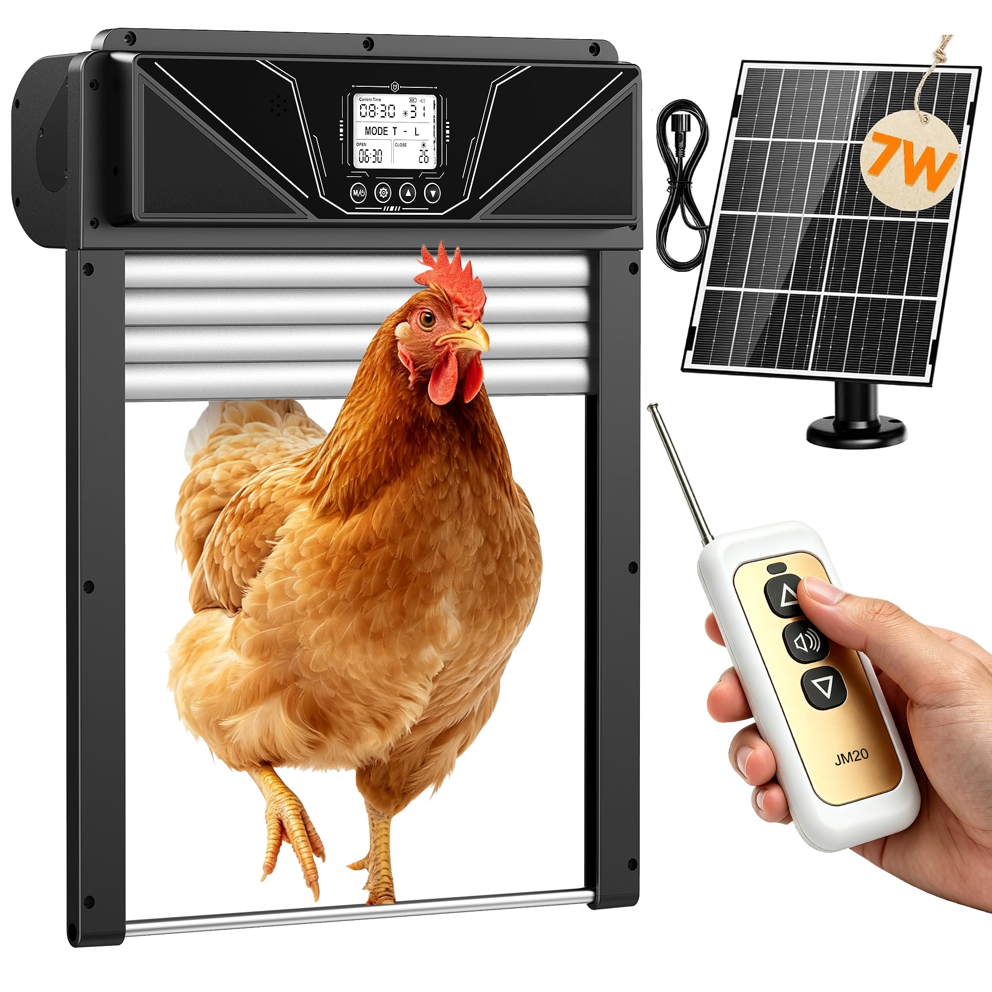 Porta automatica per pollaio a energia solare, arrotolabile, con timer e sensore di luce, protezione da inceppamento, telecomando, porta in alluminio resistente alle intemperie