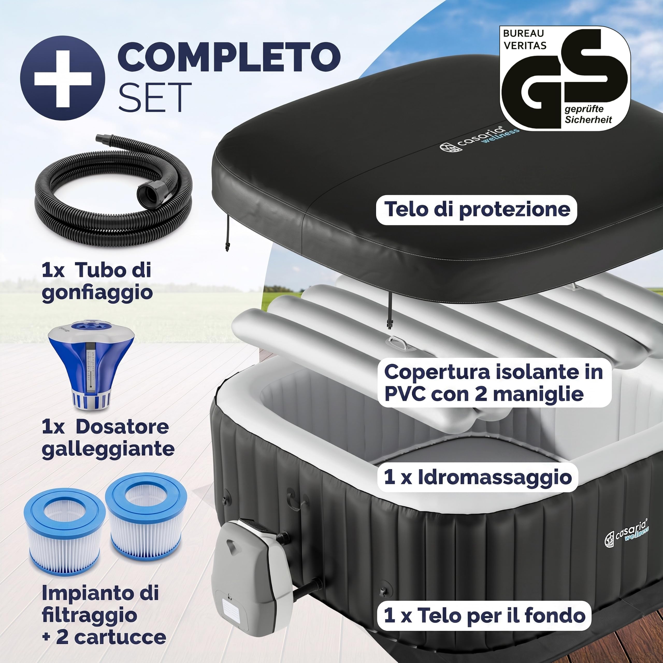 Casaria Piscina Idromassaggio Gonfiabile Quadrata 178 x 178 cm 6 Persone Vasca Spa Esterna Interna 140 Getti Protezione Antigelo con Filtro Accessori