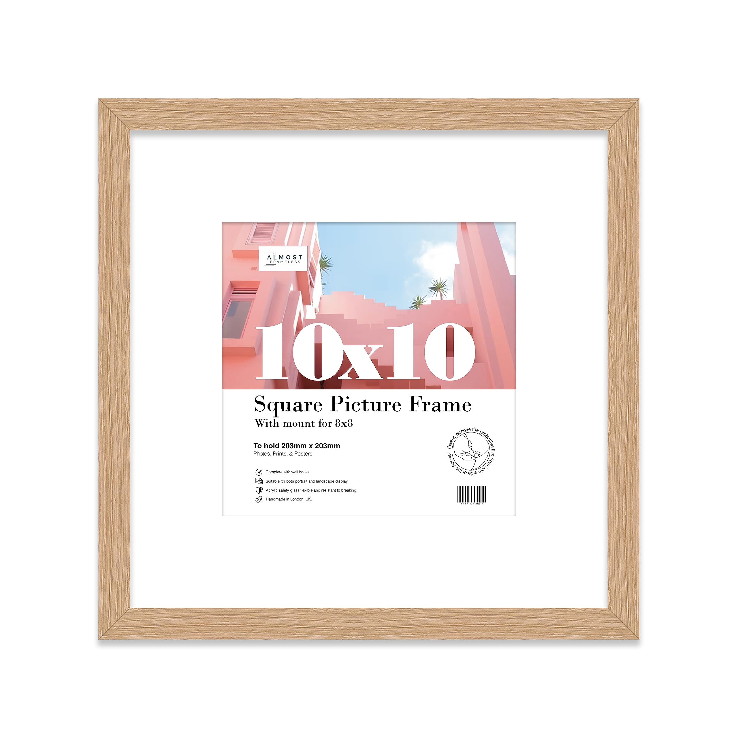 10x10 Oak Picture Frame with Mount for 8x8 Photos, Prints - Modern Square Wall Frame, 1 Pack