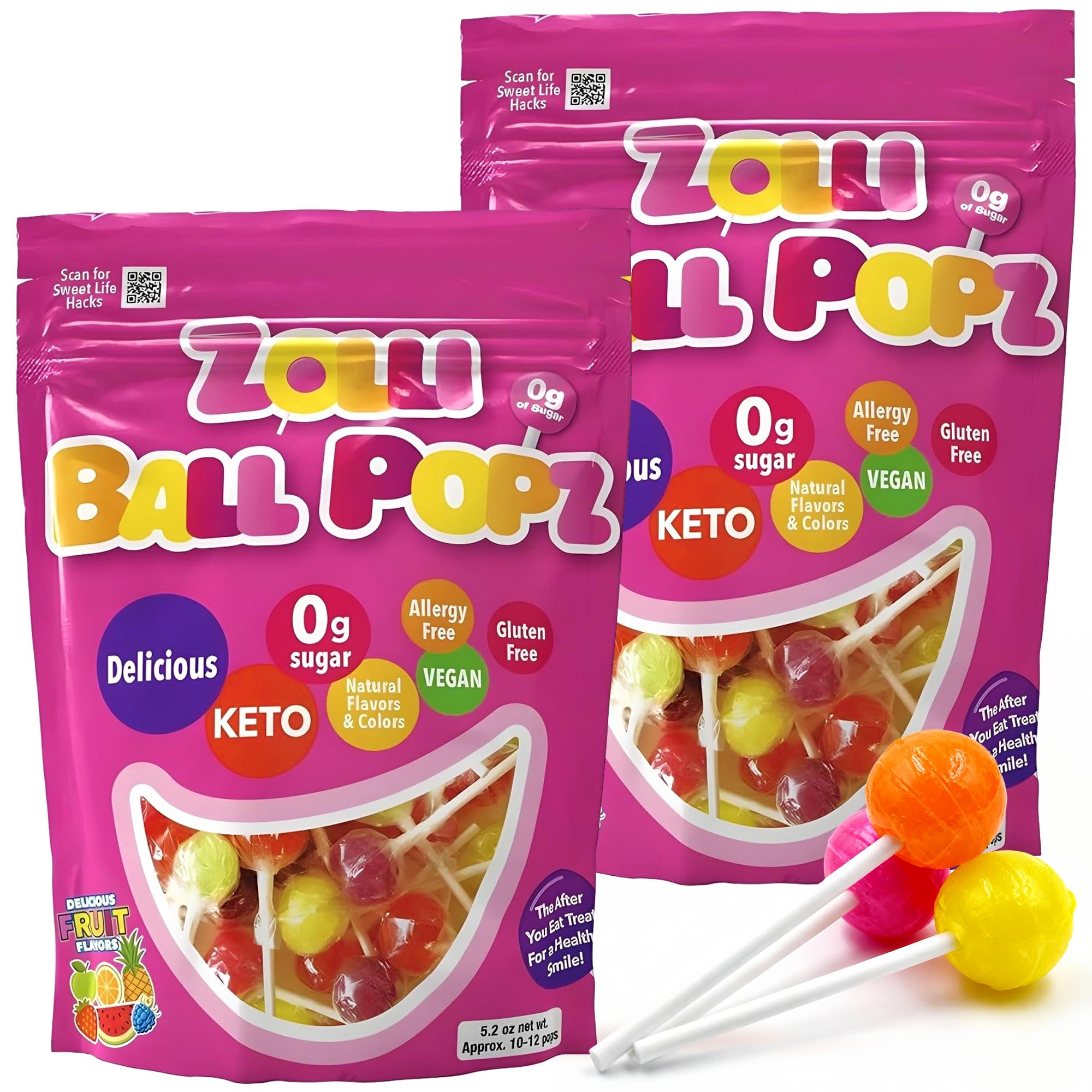 Zolli Ball Popz Clean Teeth Sugar Free Candy - Dye-Free, Keto & Diabetic-Friendly, Dentist-Approved Treats for Kids (Natural Fruit Flavors, 5.2 oz, Pack of 2)