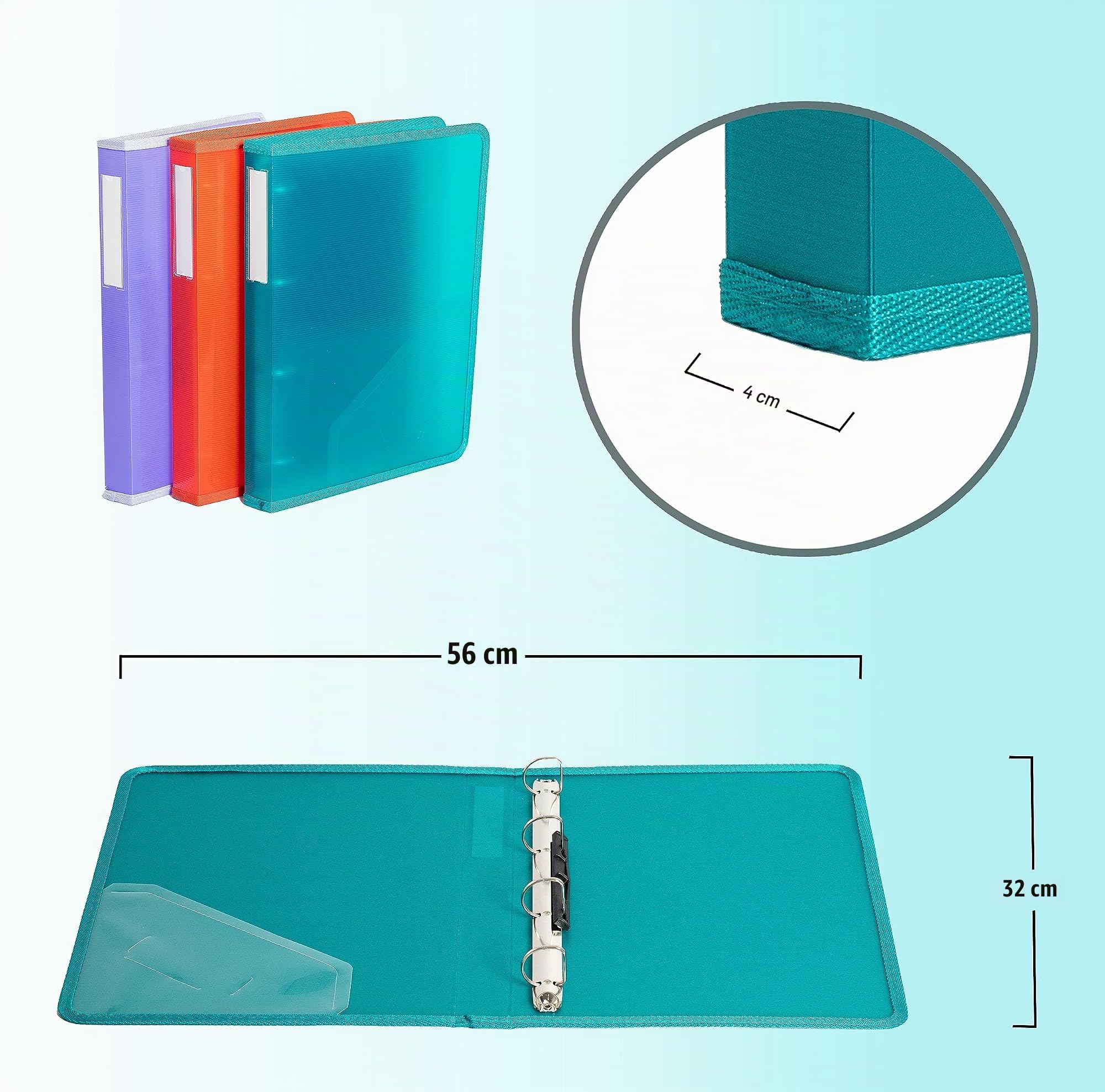 Archivador 4 anillas plastico incluye 80 folios de recambio y 6 separadores. Carpeta para fundas plastico a4 y folios. Archivador de tapa semirrígida. Carpeta archivadora liviana y resistente.
