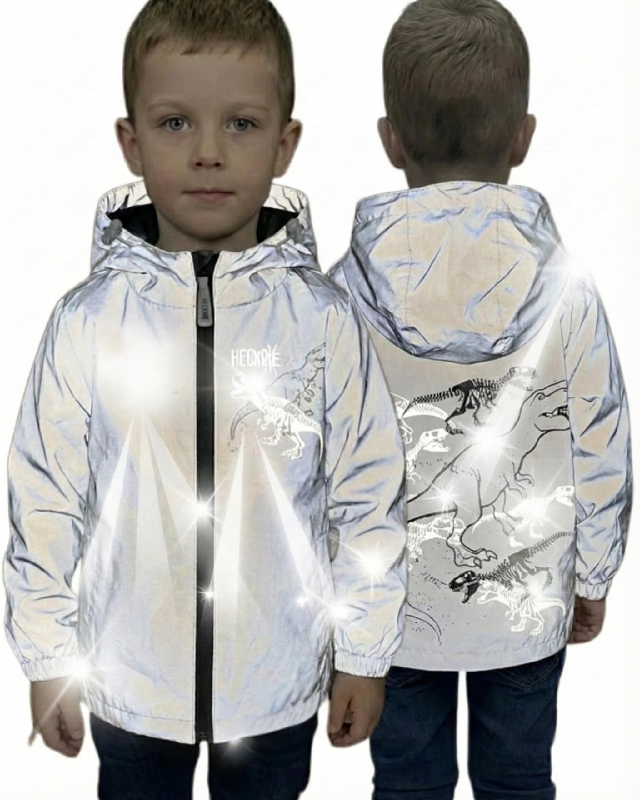 HECKBO Giacca a vento antipioggia da dinosauro per bambini in materiale riflettente - 3-6 anni - impermeabile e antivento