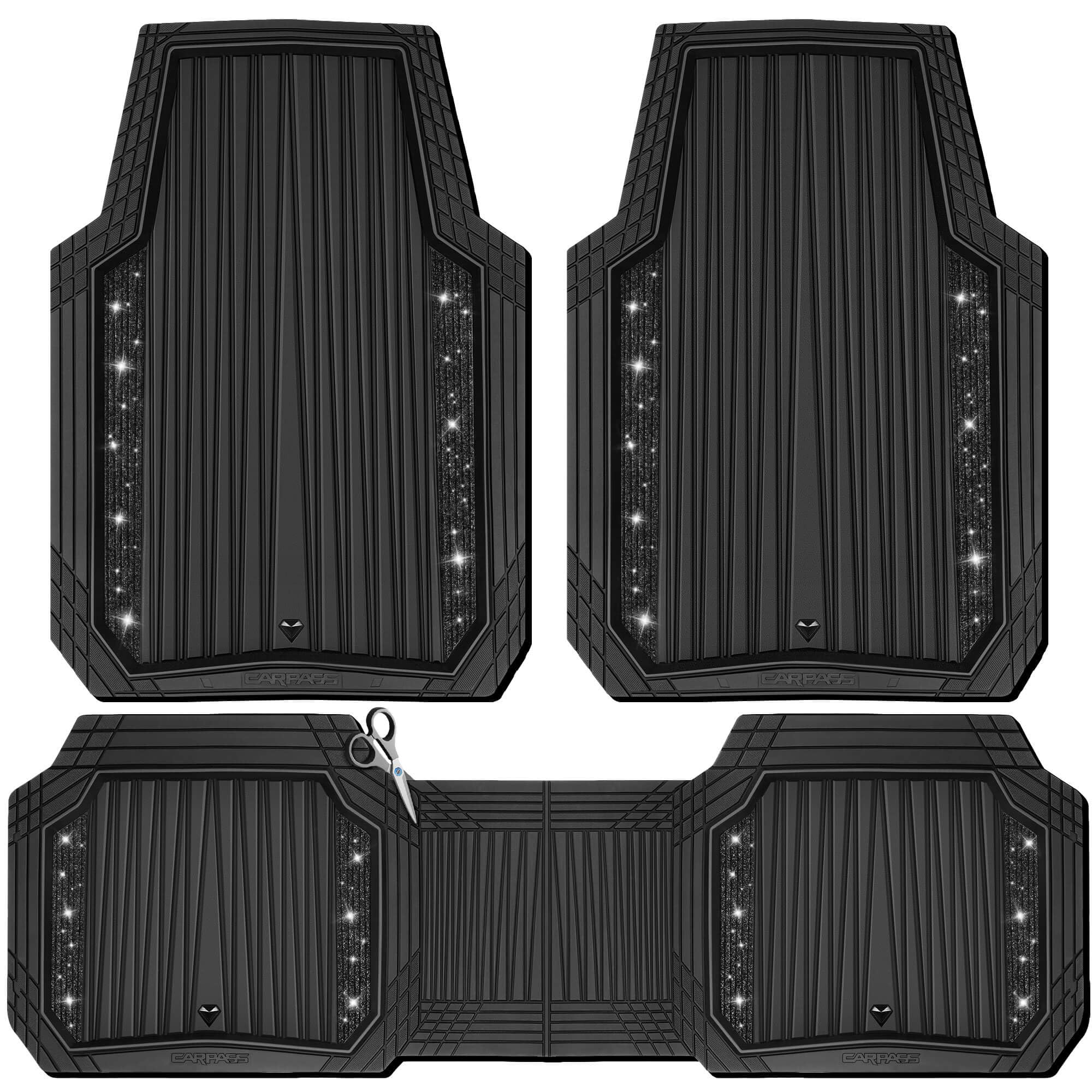 CAR PASS Bling Glitter Car Floor Mats Heavy Rubber Deep Water Proof, Black