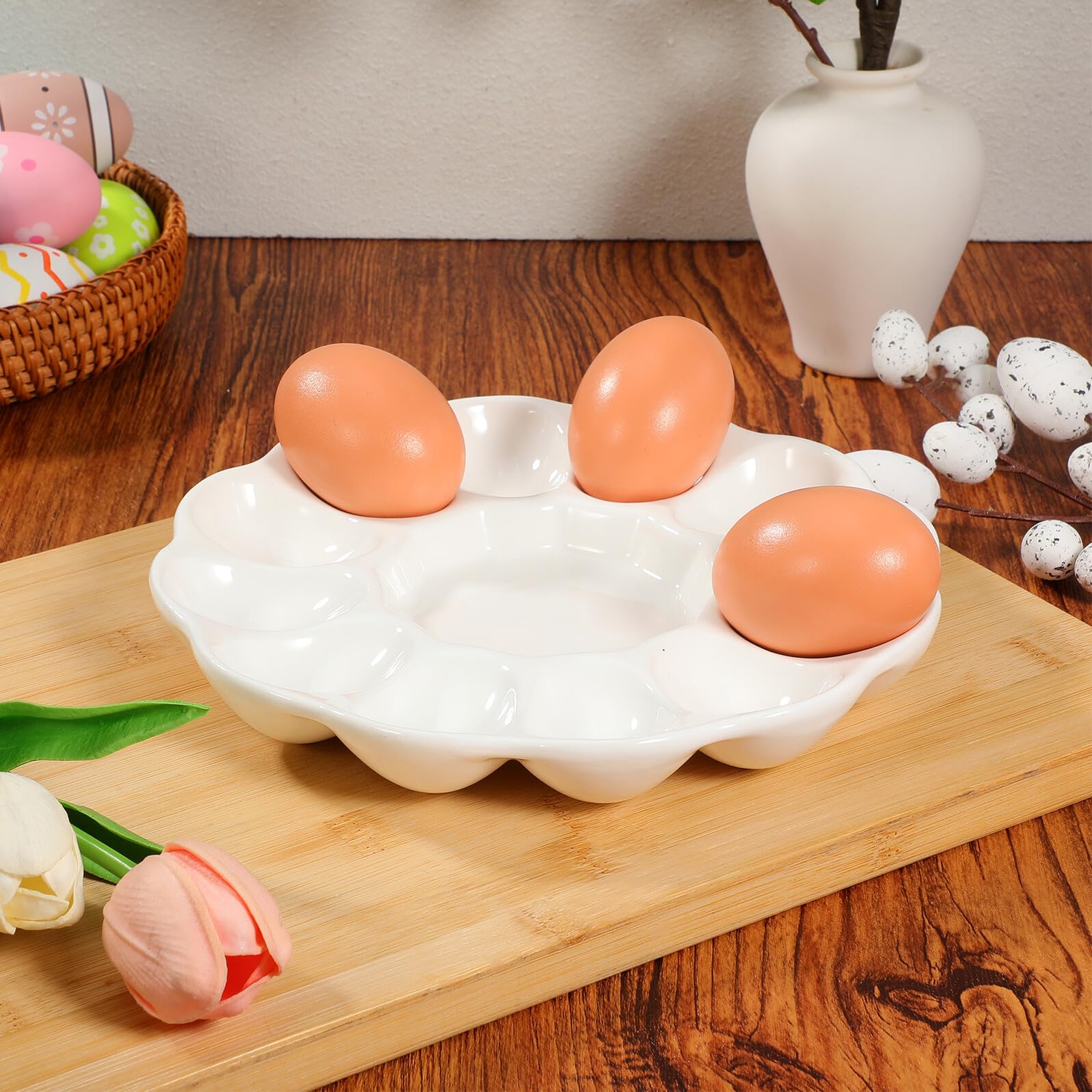 jojofuny Bandeja de Cerámica para Huevos Rellenos Compartimentos Soporte Estable para Huevos Cocidos y Decoración de Pascua Restaurante