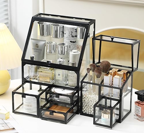 Miniatura 3 de MOOCHI Golden 3 organizadores de maquillaje para Vantity, vidrio templado de lujo, organizador de cuidado de la piel, cajones, organizador de