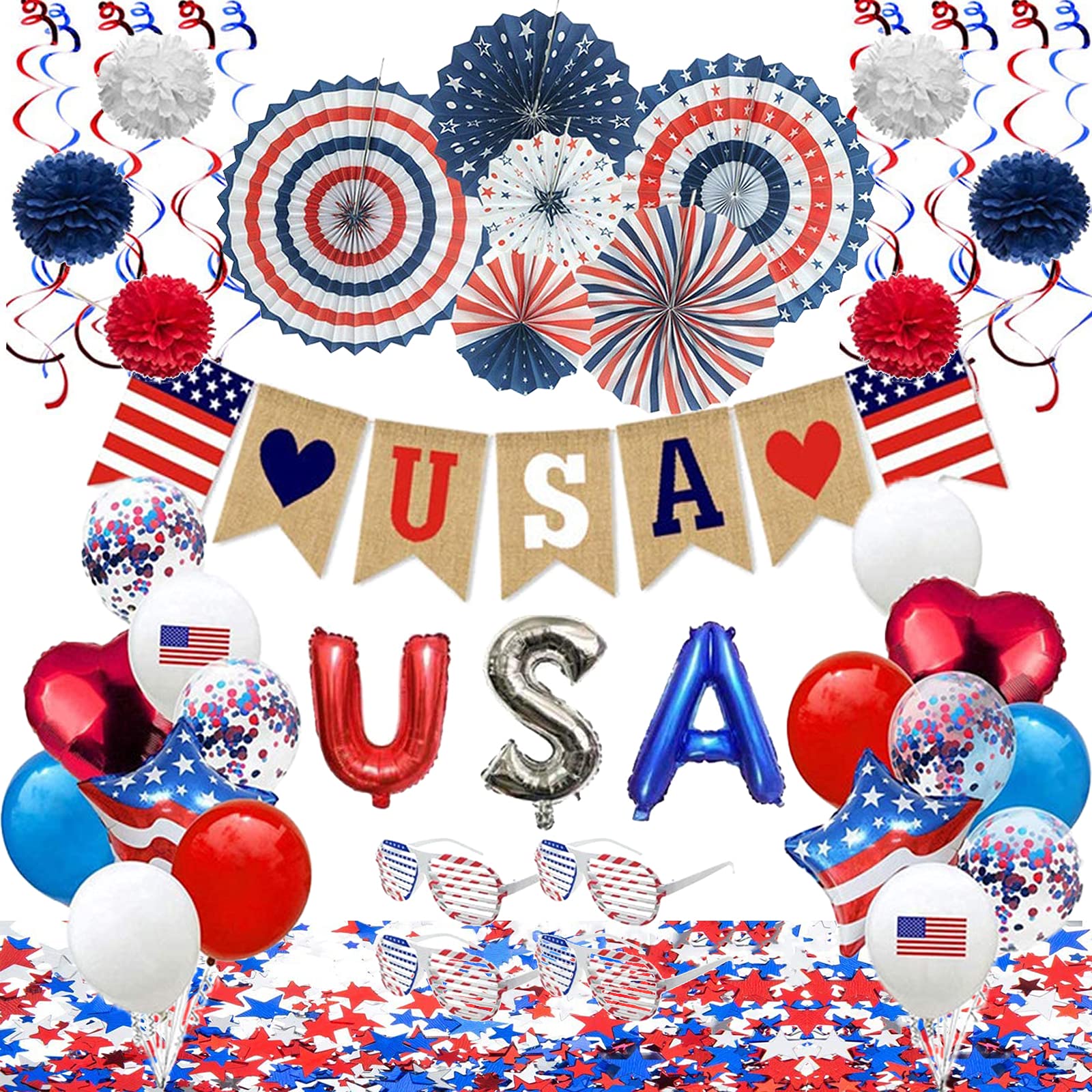 4th of July Decorations Outdoor Indoor - 51 Pcs Red White and Blue Patriotic Party Supplies Decorations Including Balloons Paper Fans Banner Star Confetti Shades Glasses for Memorial Day or July 4th
