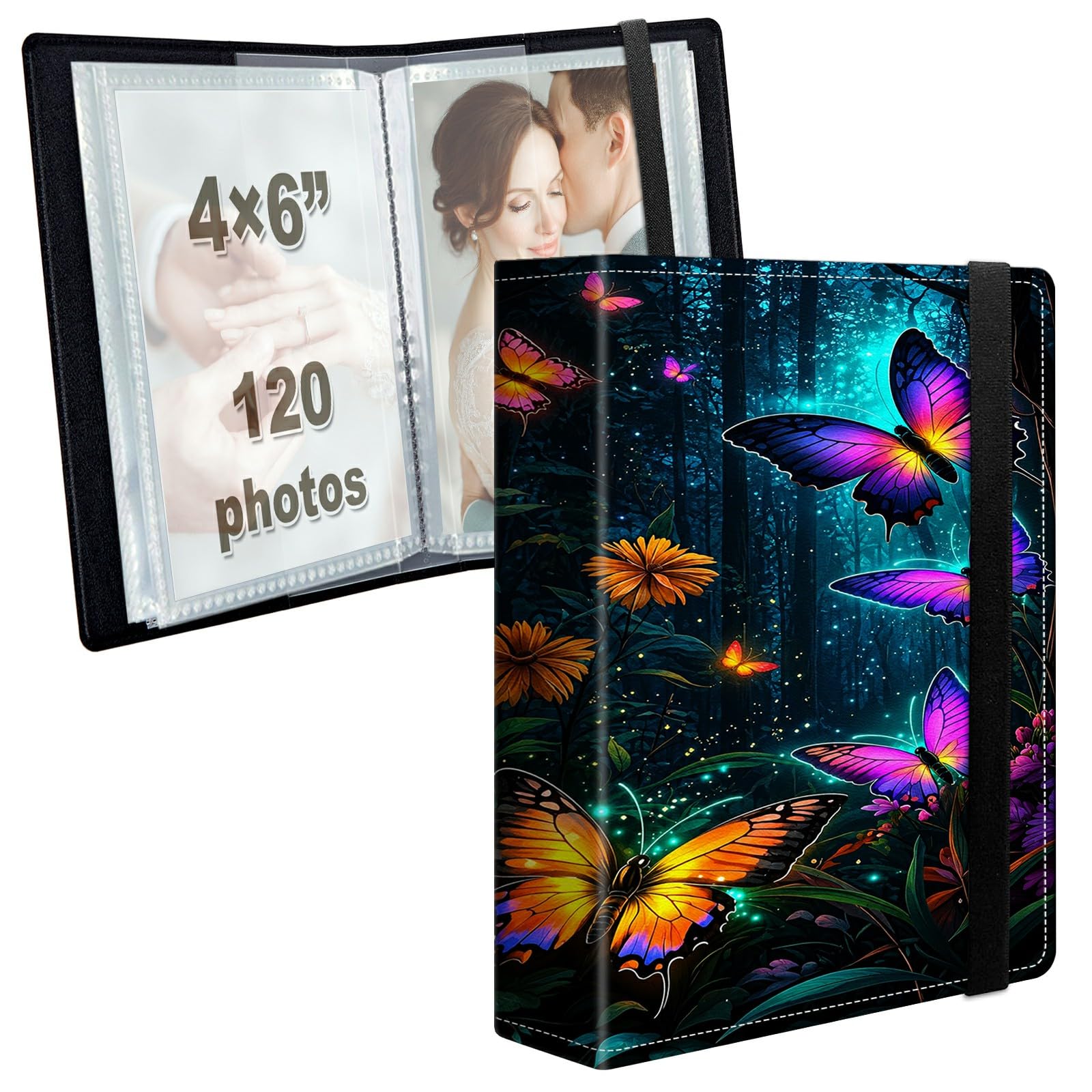 Photo Album 4x6 120 Photos with Strong Elastic Band, Neon Butterfly Garden