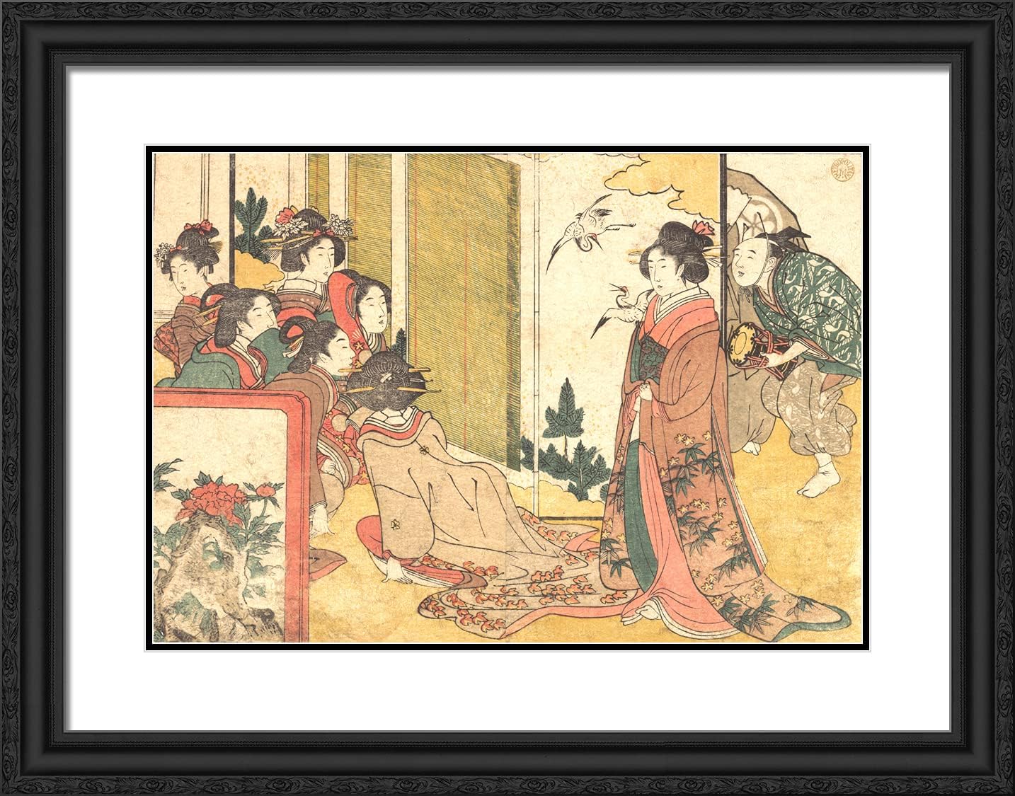 ArtDirect Utamaro, Kitagawa 24x19 Gold Ornate Framed Art Print with Double Matting Titled: Girls Entertained by Performers