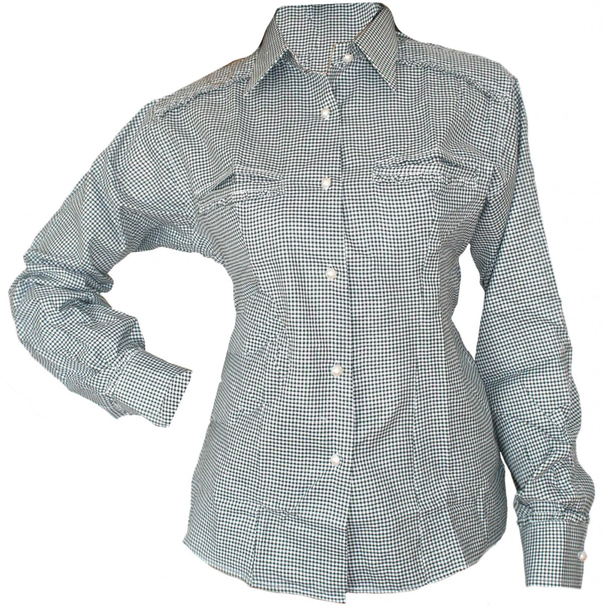 German Wear Damen Trachtenbluse – Langarm, Aus Baumwollmischgewebe, Mit Brusttaschen, Rüschen Und Perlmutt-Knöpfen, Bayerische Trachtenmode