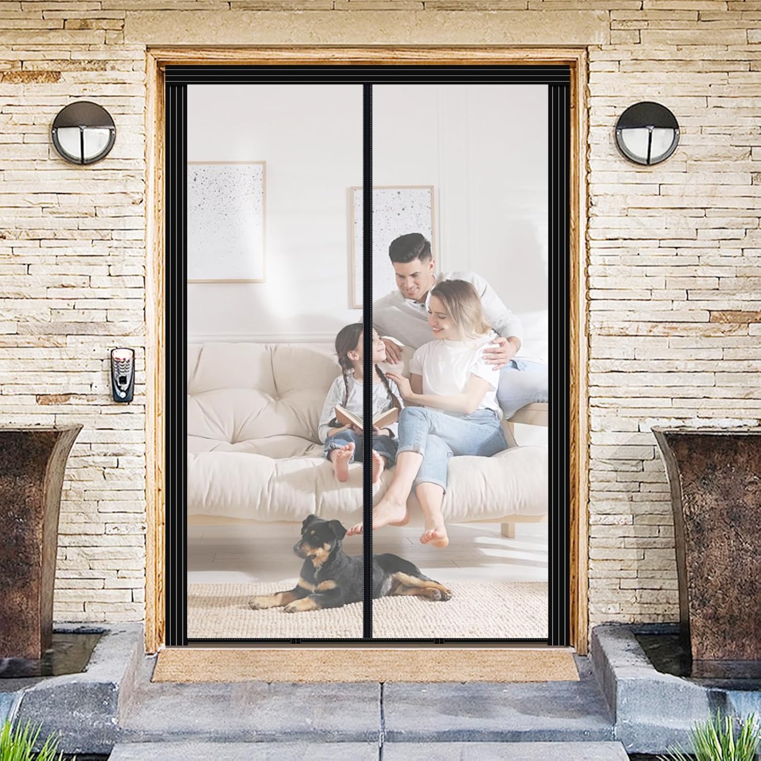 Transparent DIY Adjustable Insulated Door Curtain Fit Doors Size Width 70" - 75" Height 80" - 83"- Reinforced Self Sealing Magnetic Screen Door, Hands Free Door Screen with Closure Weighted Bottom