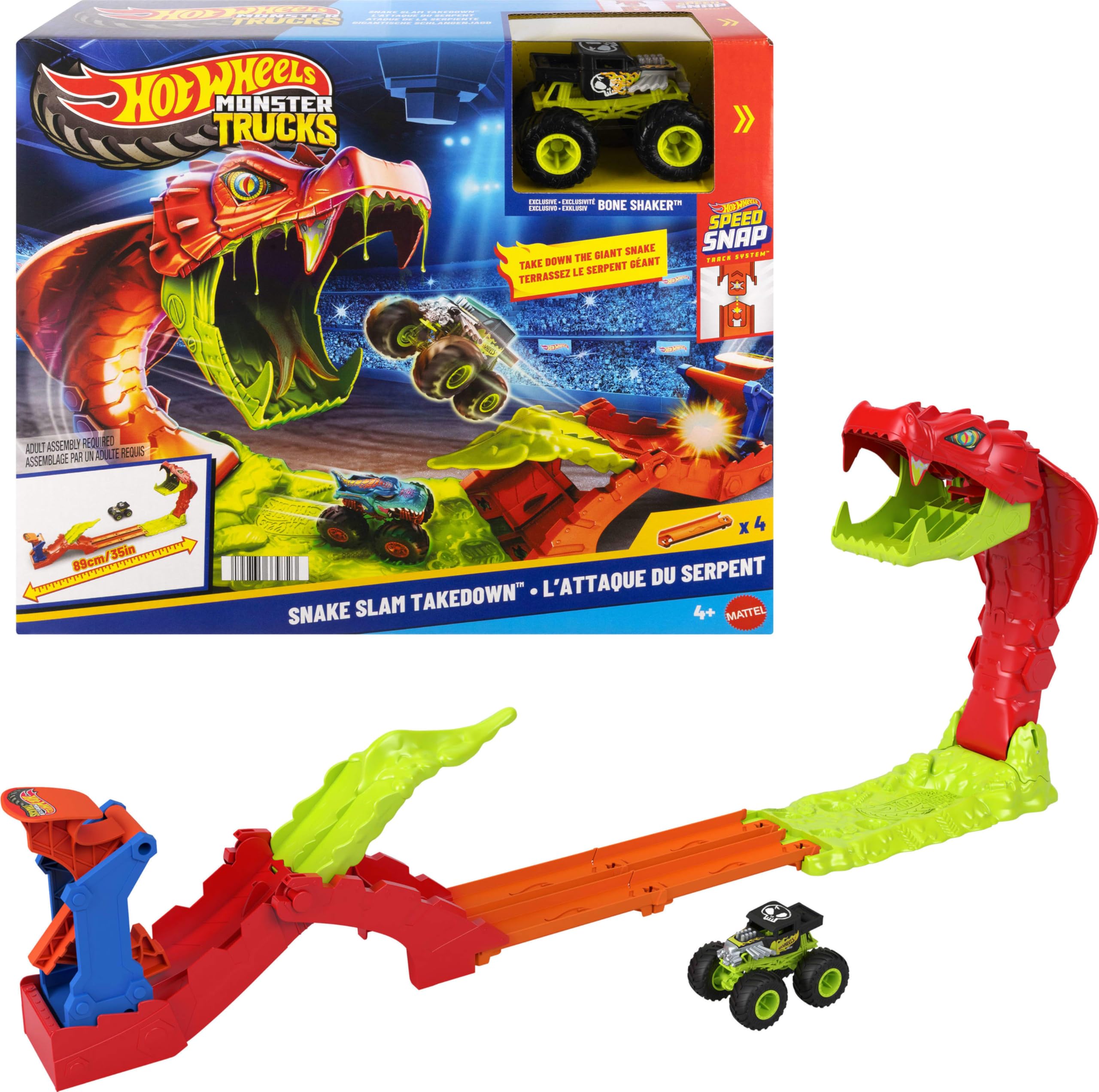 Hot Wheels Monster Trucks Toy Playset, Snake Slam Takedown Track Set with Exclusive 1:64 Scale Bone Shaker Toy Vehicle, Includes Track, JJN44