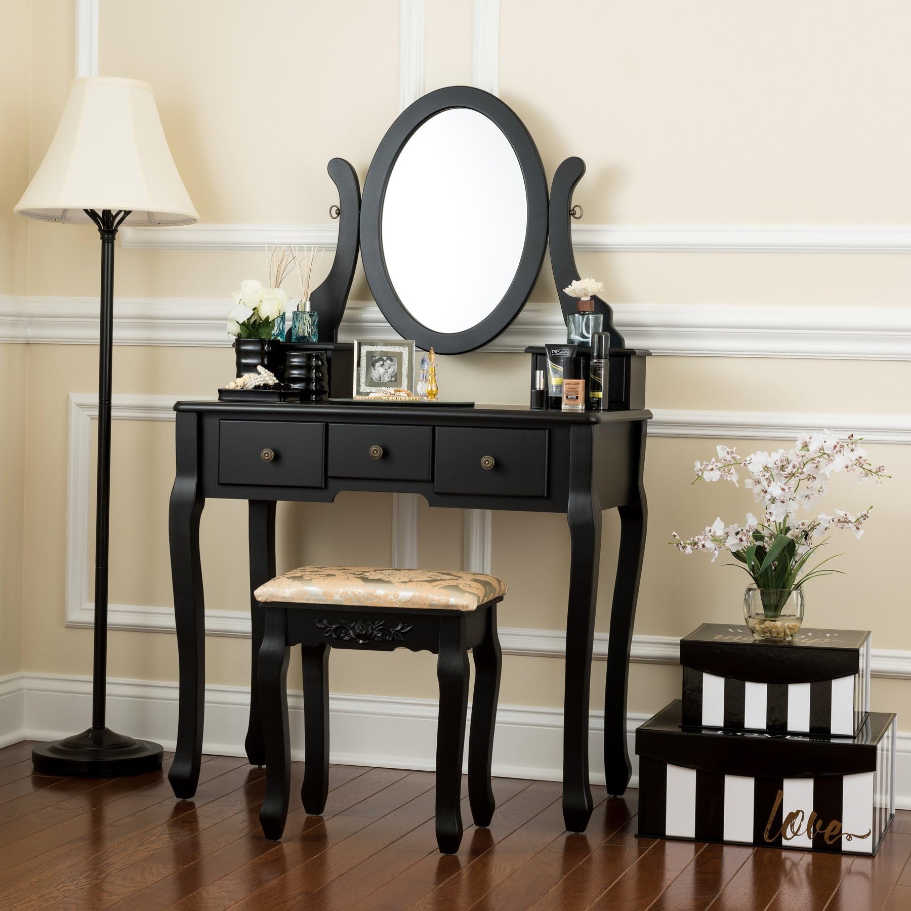 Fineboard Single Mirror Dressing Set Five Organization Drawers Vanity Table with Wooden Stool, White, Black