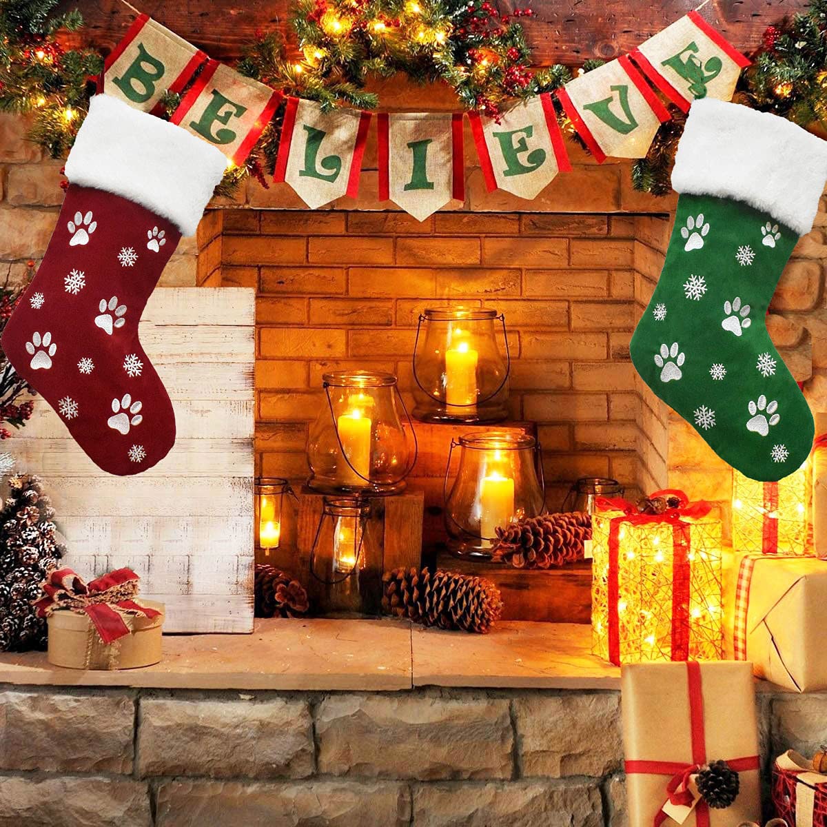 OUOQI 6 Pezzi Calze di Natale,Calze Natalizie da Appendere,Calza di Babbo Natale