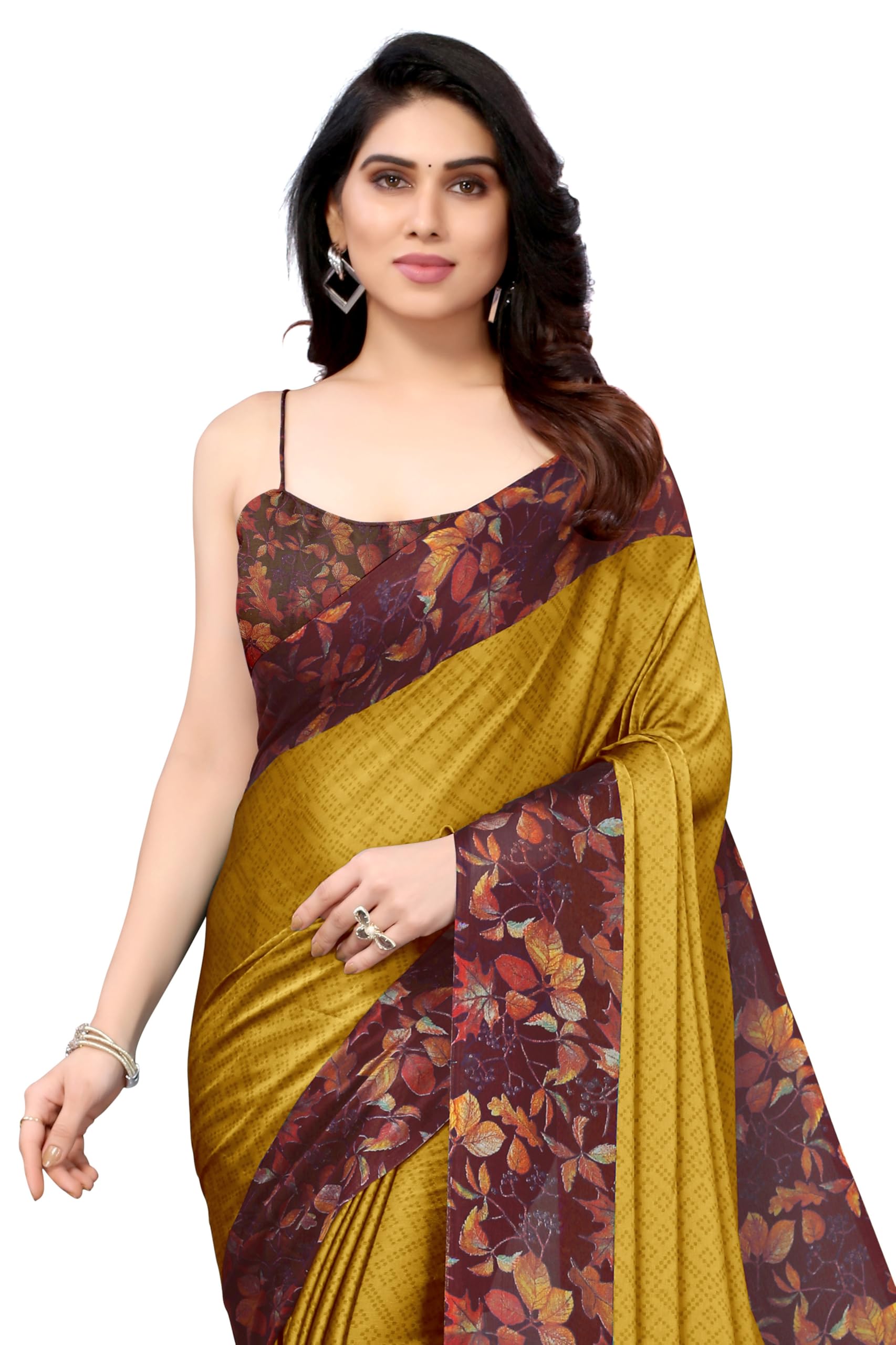 mirchi fashion Women's Stylish Chiffon Geometric and Botanical Leaf Printed Saree with Blouse Piece-picture-40