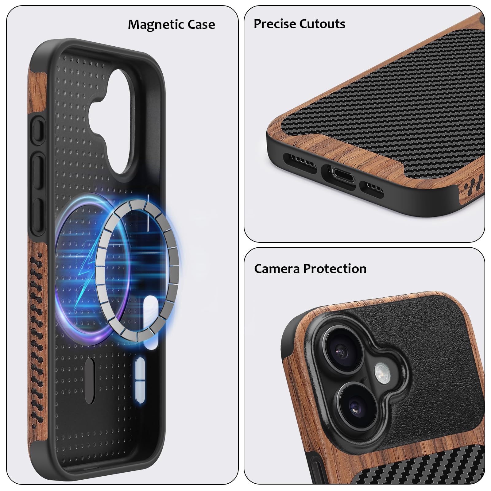Cover Magnetica per iPhone 16 Compatibile con Magnetica, Custodia in Legno con Carbonio e Pelle Design Protezione Antiurto Cover Compatibile con iPhone 16 (Nero)